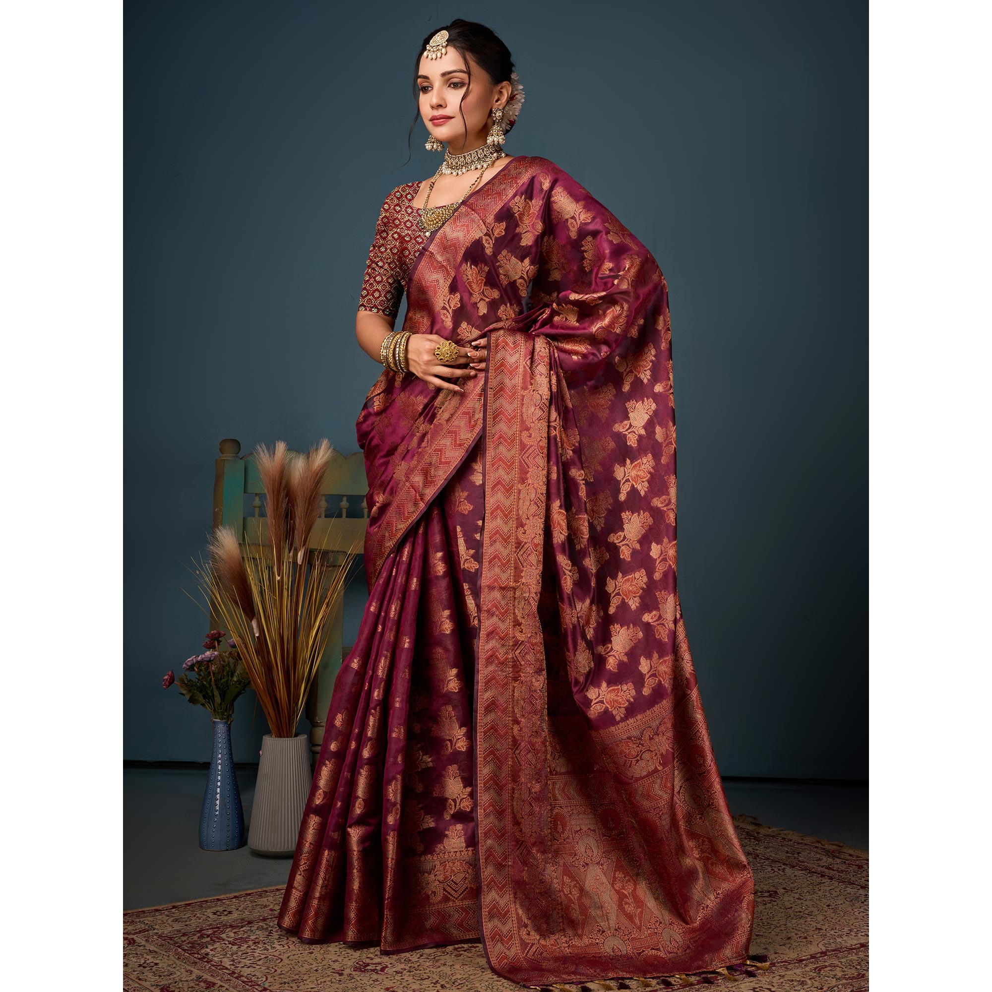 Wine Floral Woven Organza Saree With Tassels