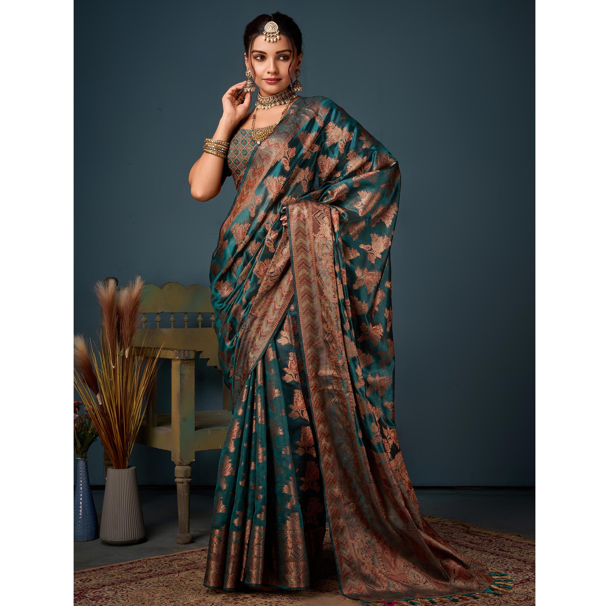 Rama Green Floral Woven Organza Saree With Tassels