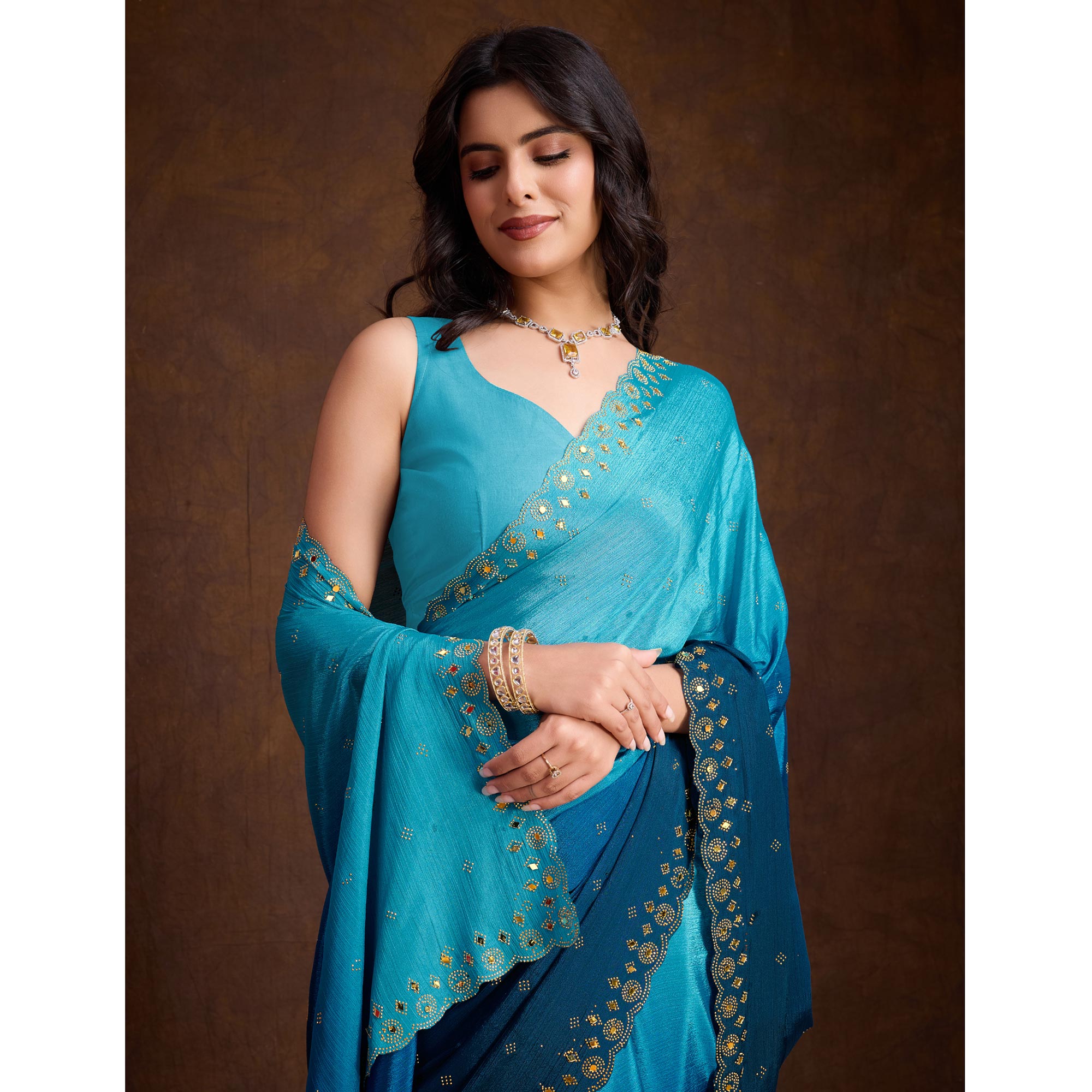 Blue Ombre Chinon Saree With Mirror Border