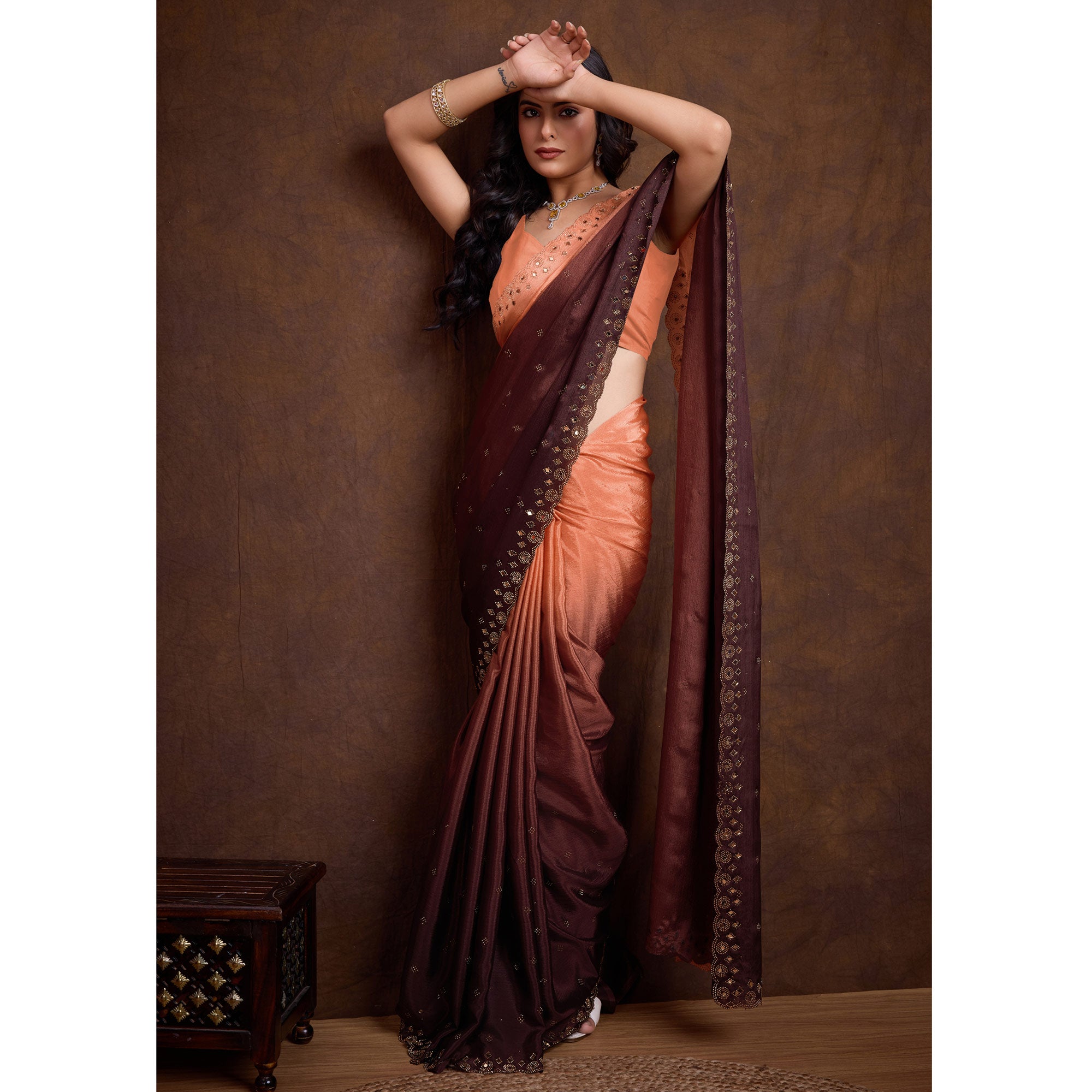 Orange & Brown Ombre Chinon Saree With Mirror Border