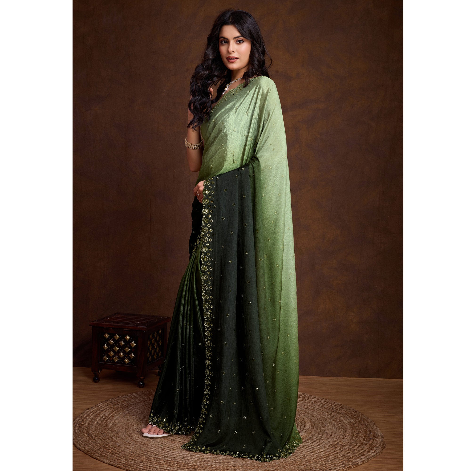 Green Ombre Chinon Saree With Mirror Border