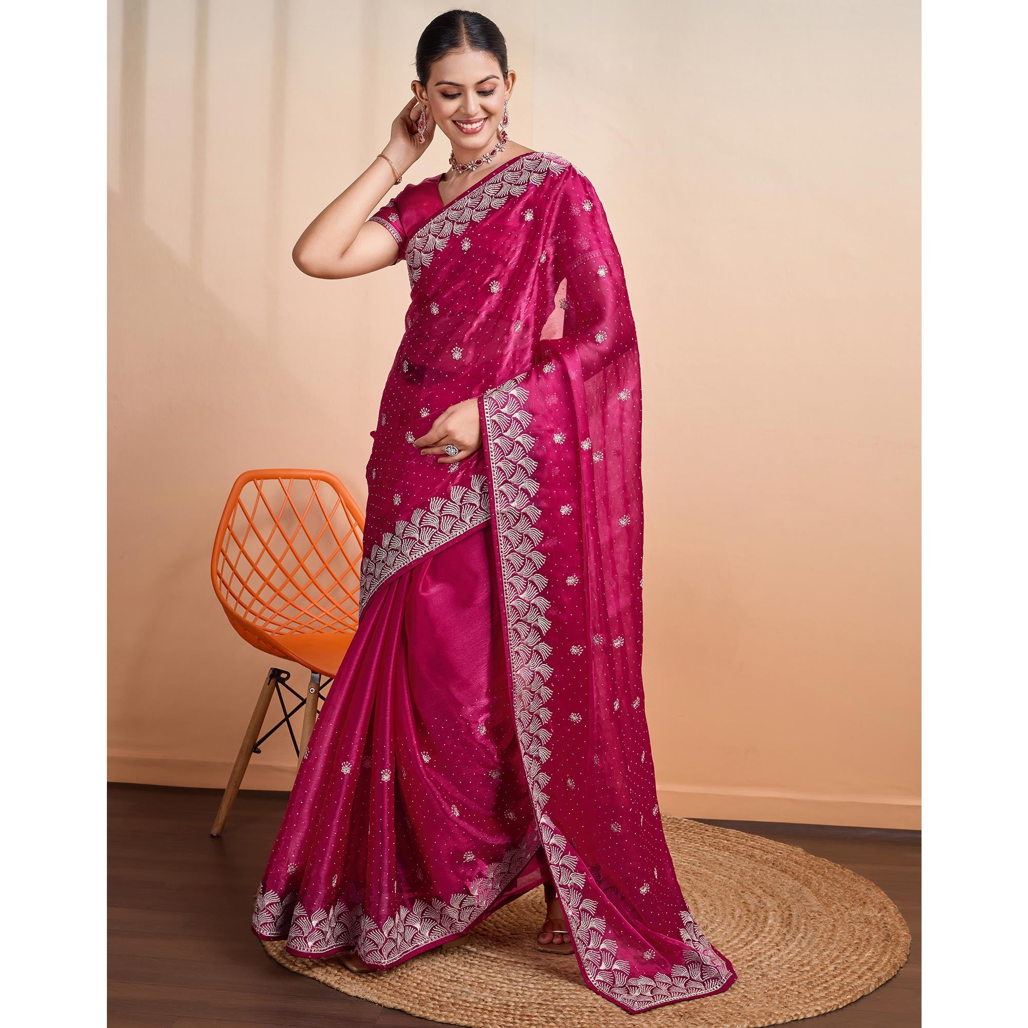Pink Embroidered Tussar Silk Saree