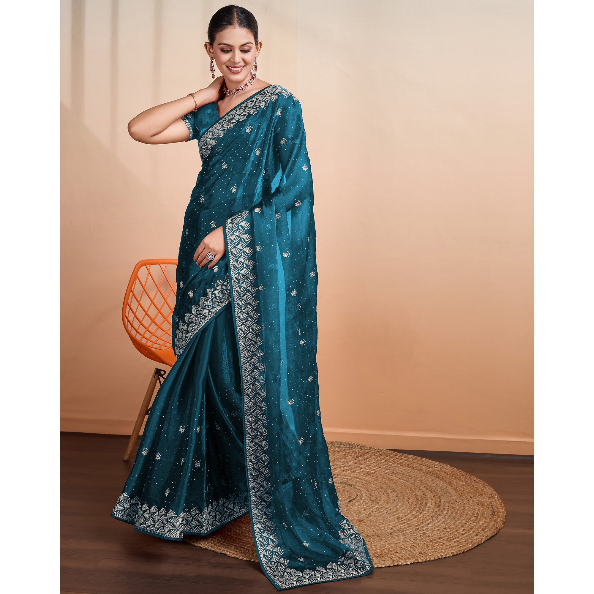 Teal Embroidered Tussar Silk Saree