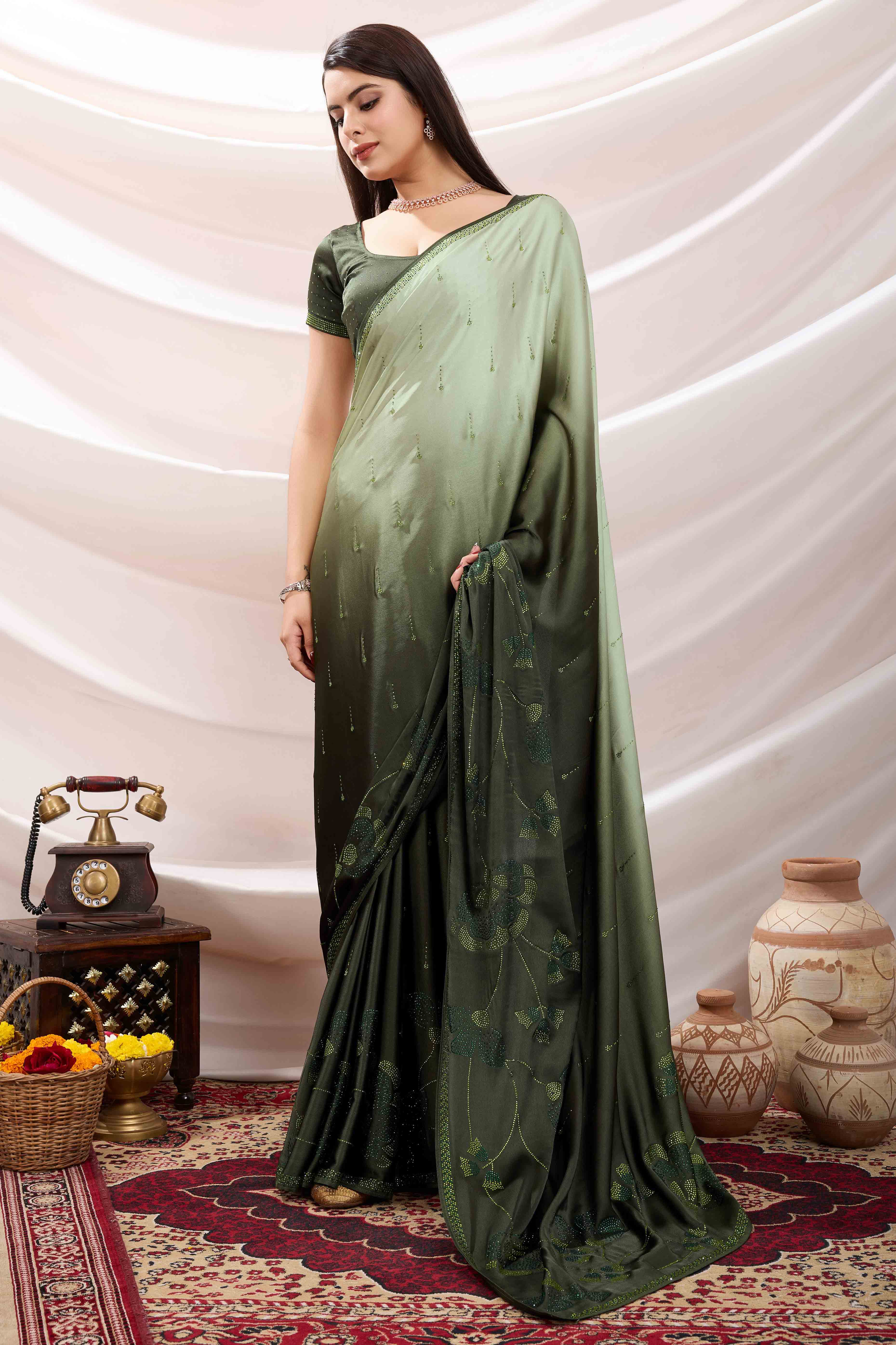 Green Floral Swarovski Work Satin Saree