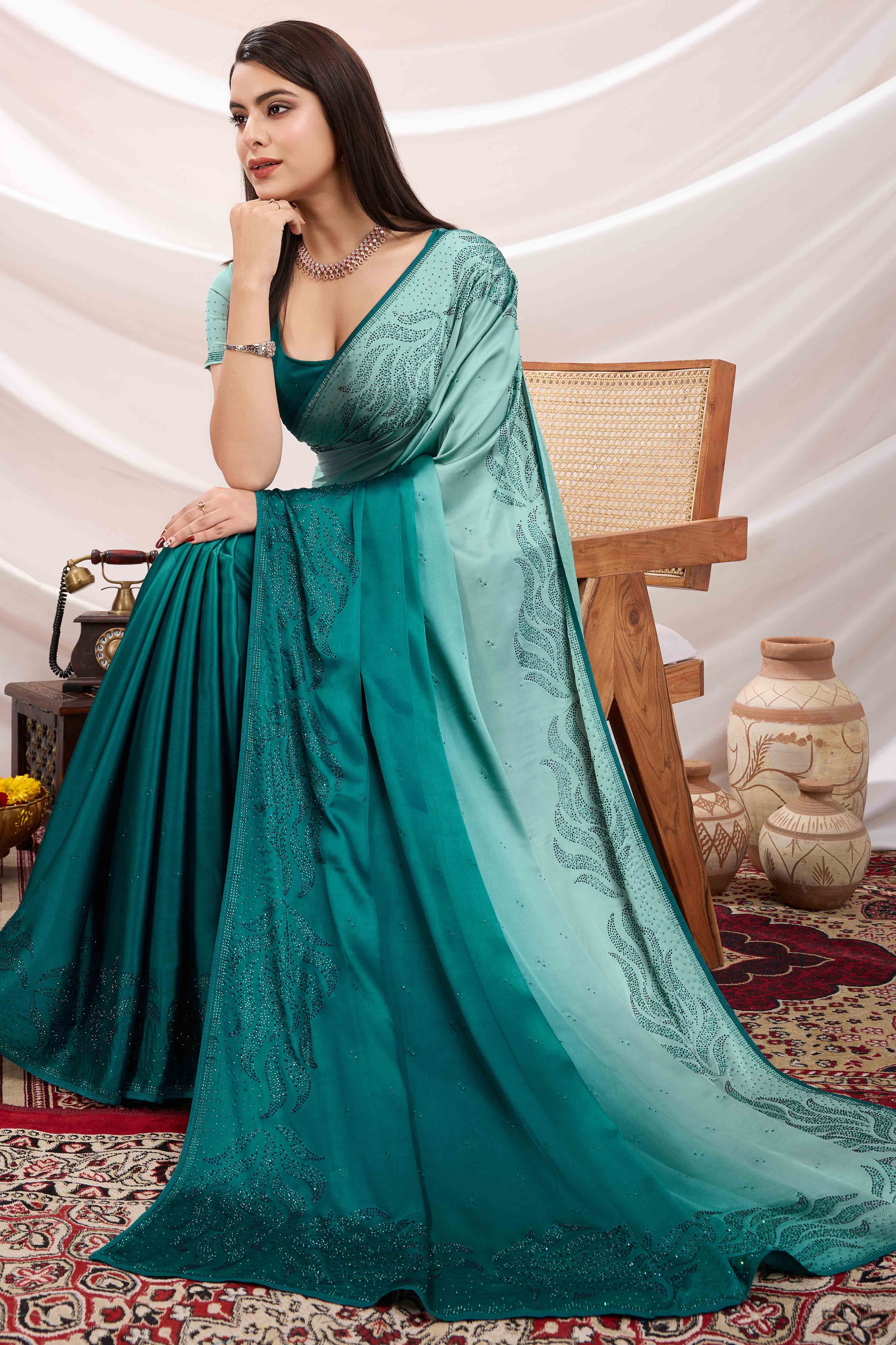 Rama Blue Floral Swarovski Work Satin Saree