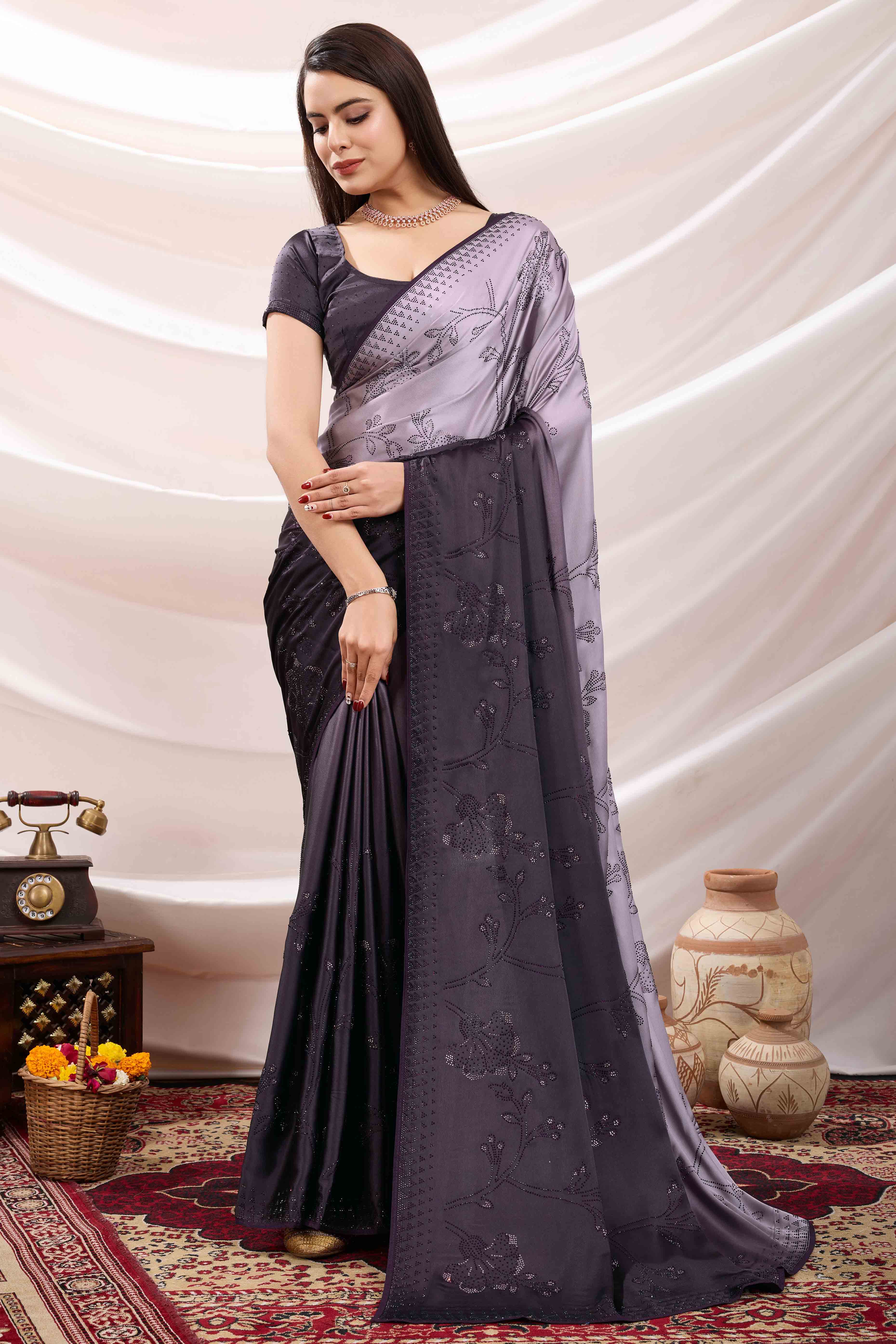 Purple Floral Swarovski Work Satin Saree