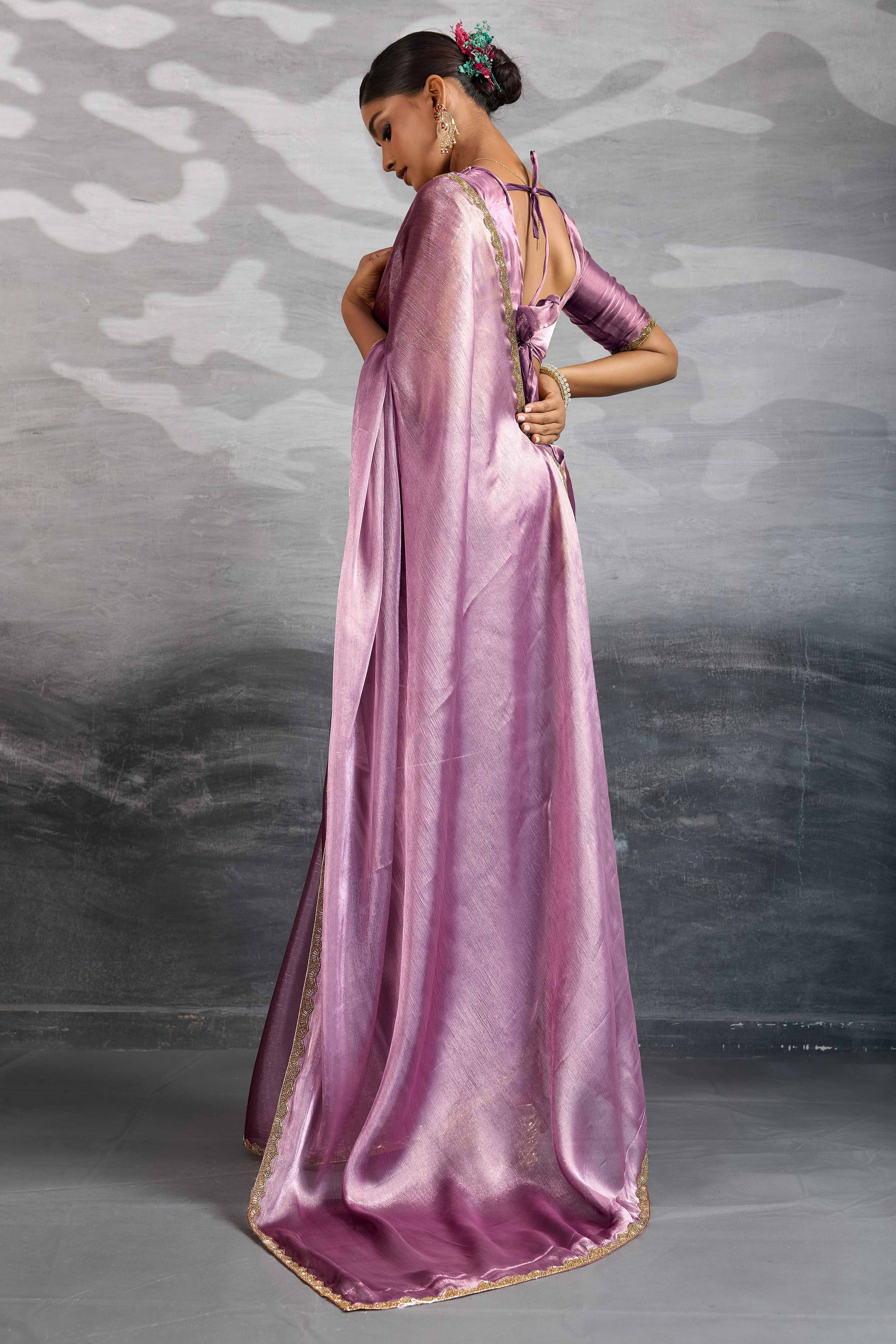 Solid Lilac Purple Chiffon Saree Featuring Beads Embellished Border