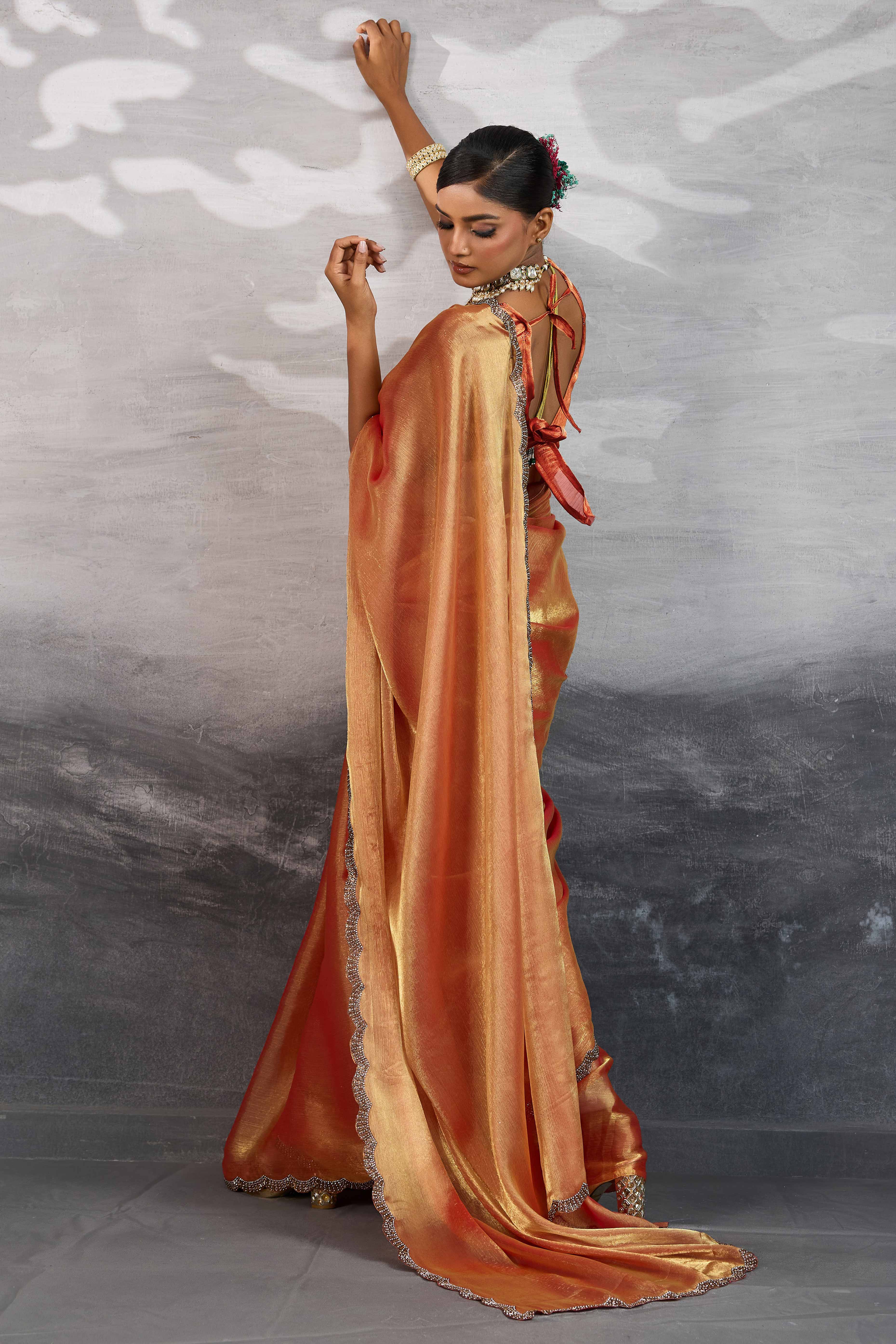 Peach Burberry Chiffon Saree Embellished With Zarkan & Cutdana Appliqué Lace Border