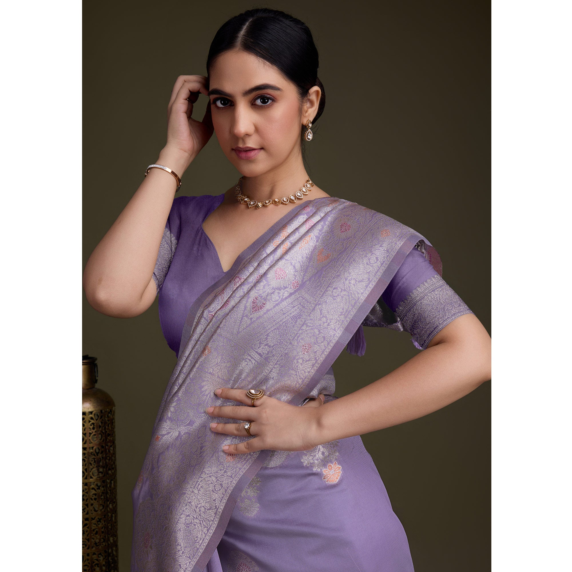 Lavender Floral Design Woven Banarasi Silk Saree