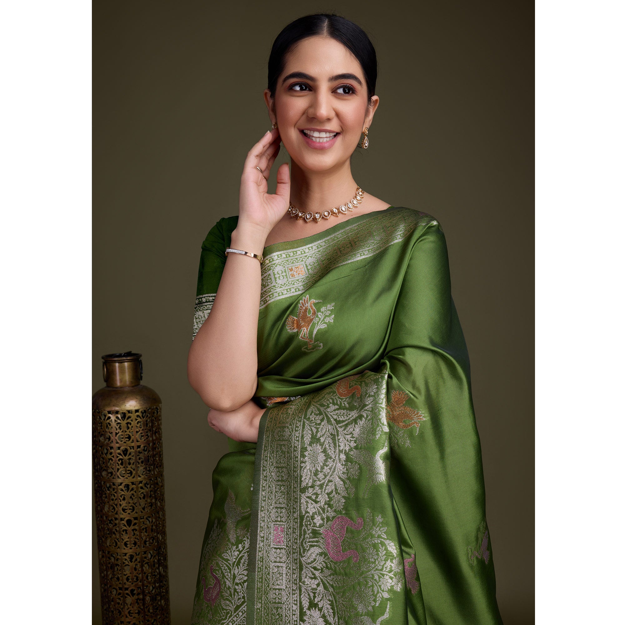 Green Floral Design Woven Banarasi Silk Saree