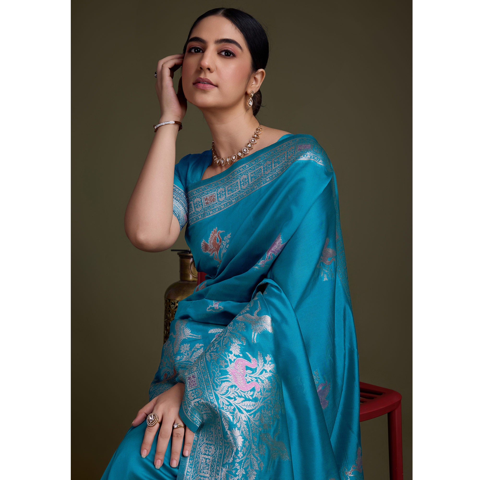 Blue Floral Design Woven Banarasi Silk Saree