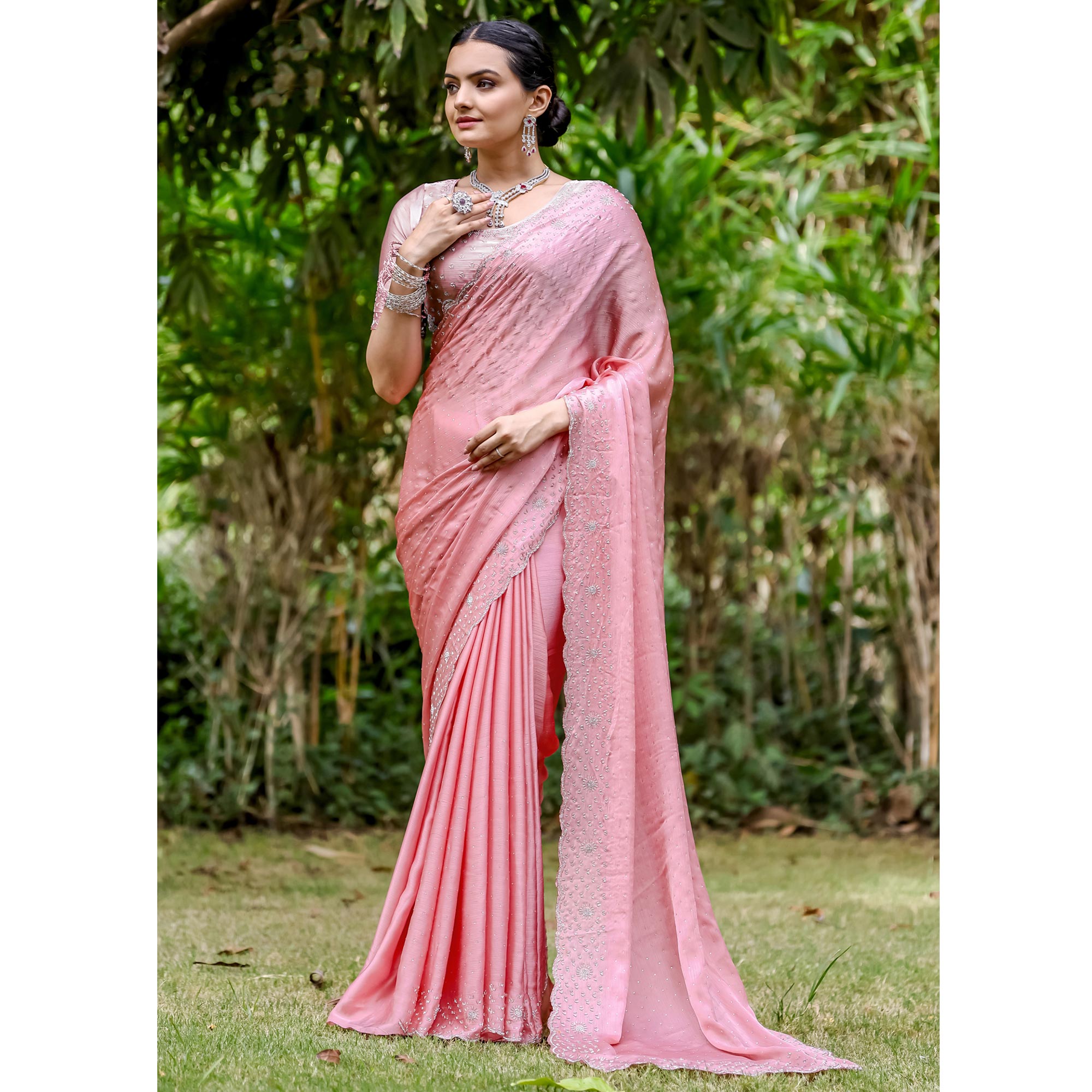 Pink Embellished Satin Saree With Stones Work