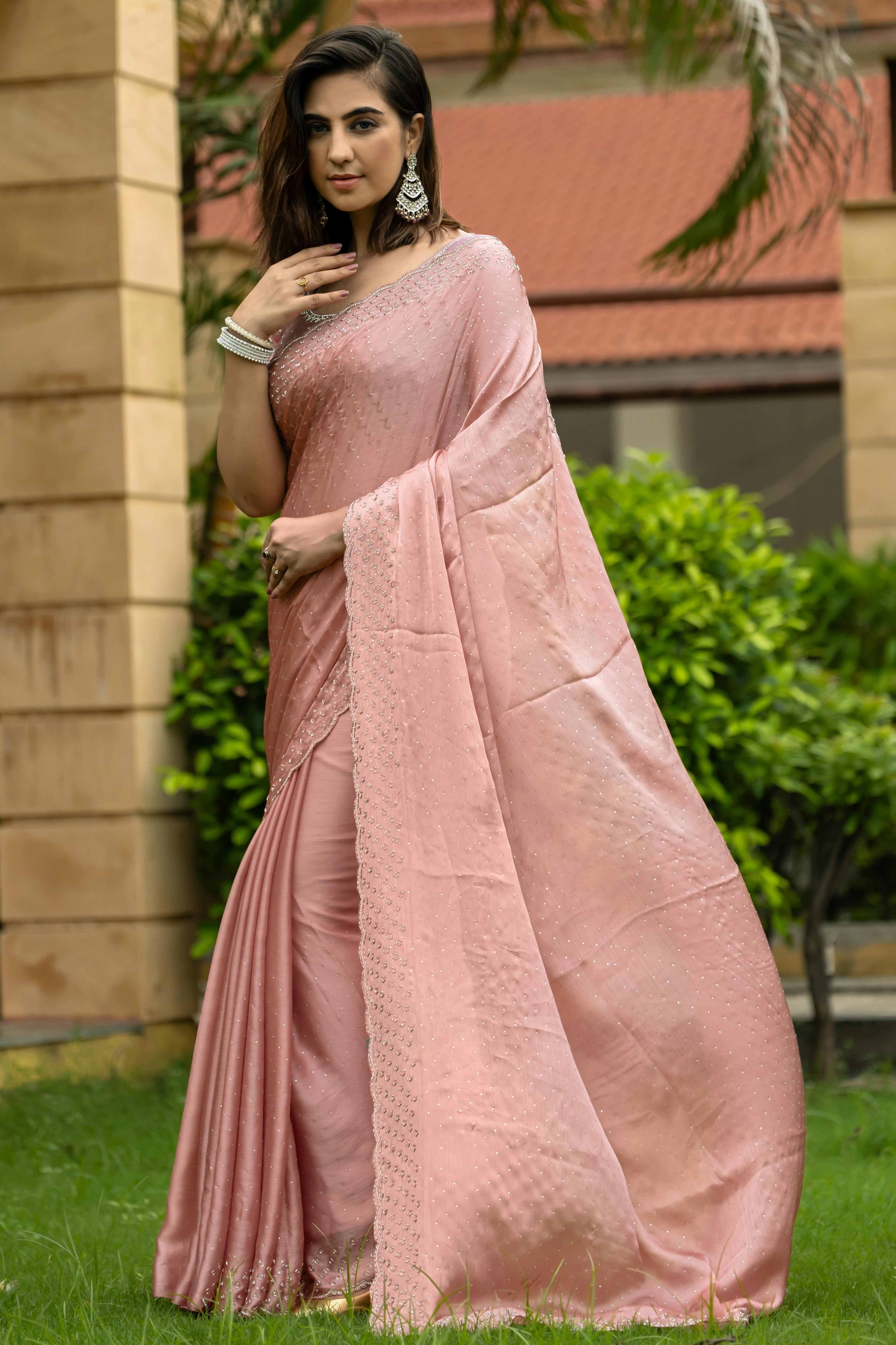 Ethereal Dusty Peach Satin Chiffon Saree with Handcrafted Sequin & Bead Detailing