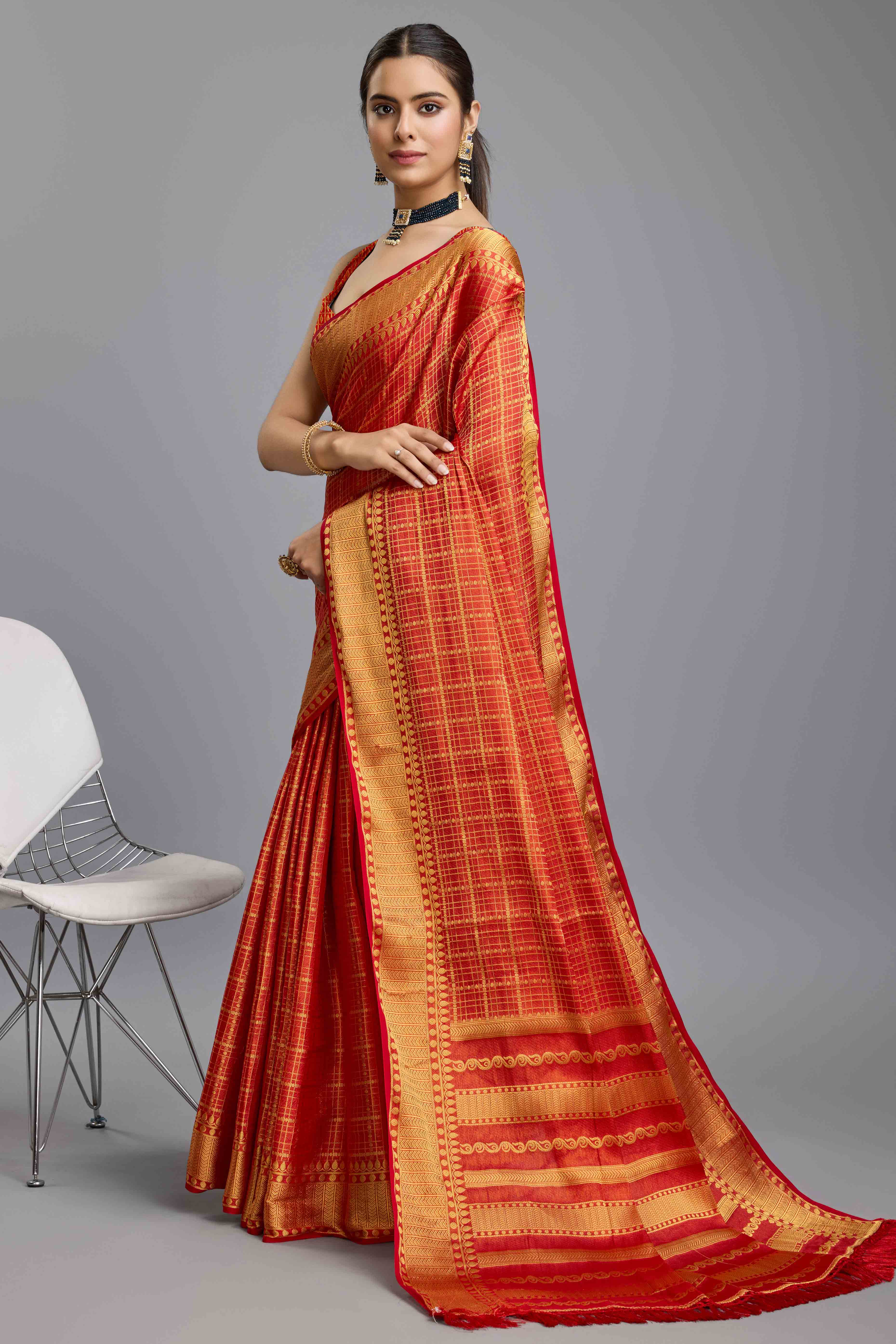 Red Brocade Zari Weaving Mysore Silk Saree