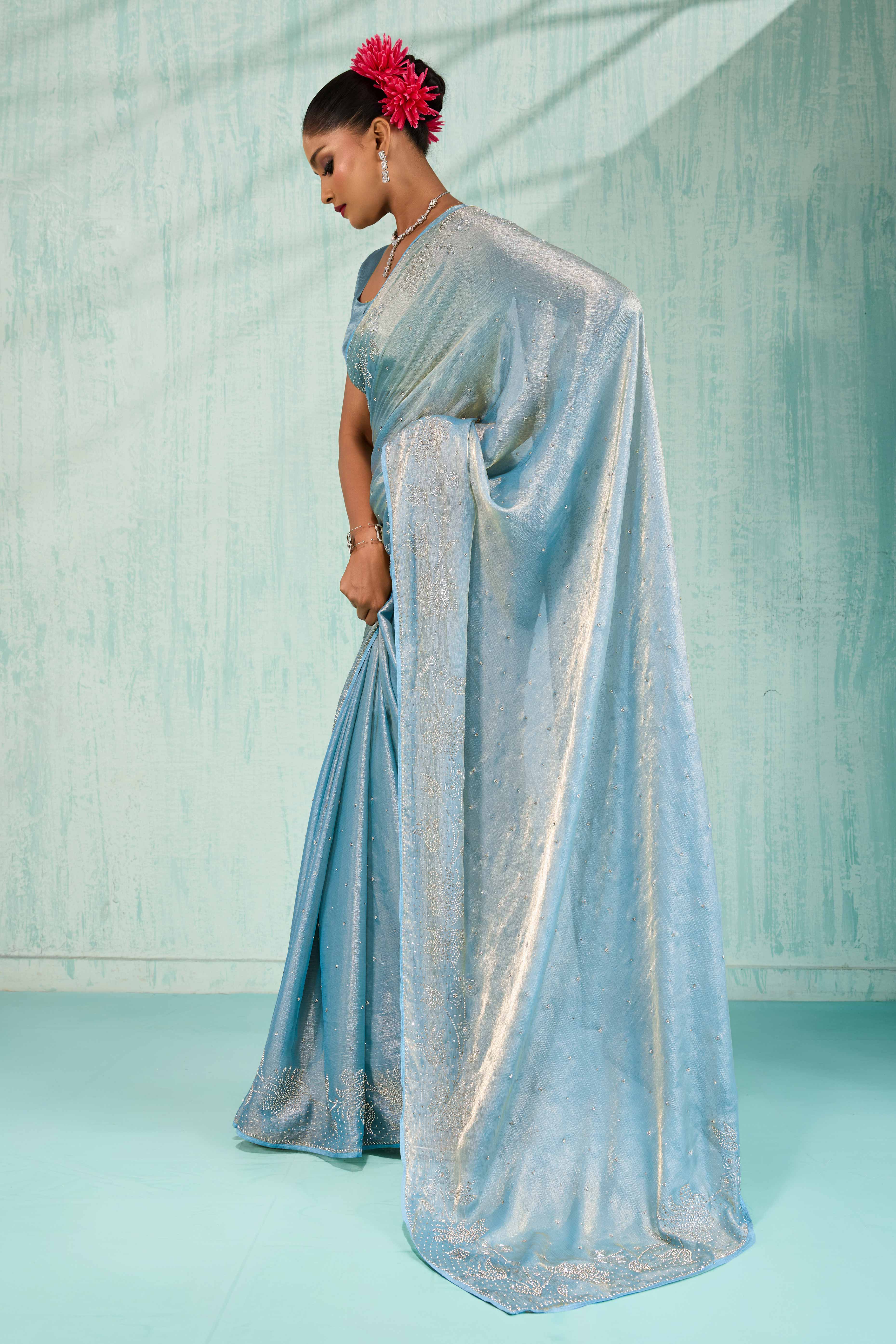 Elegant Party Wear Saree in Blue Chiffon with Stone Embellishment