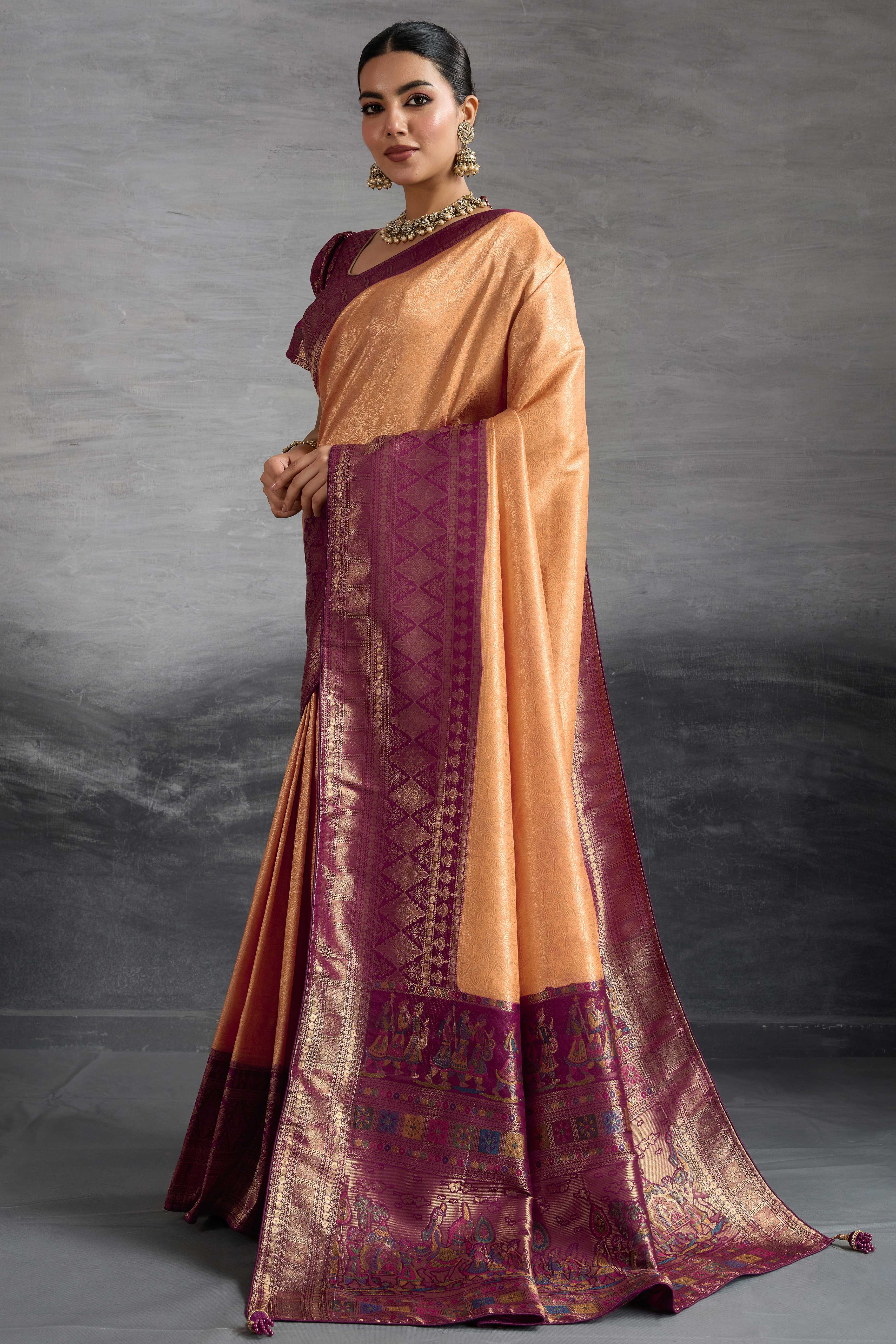 Peach Silk Kanjivaram Silk Saree Enhanced With Meenakari Weaving Borders
