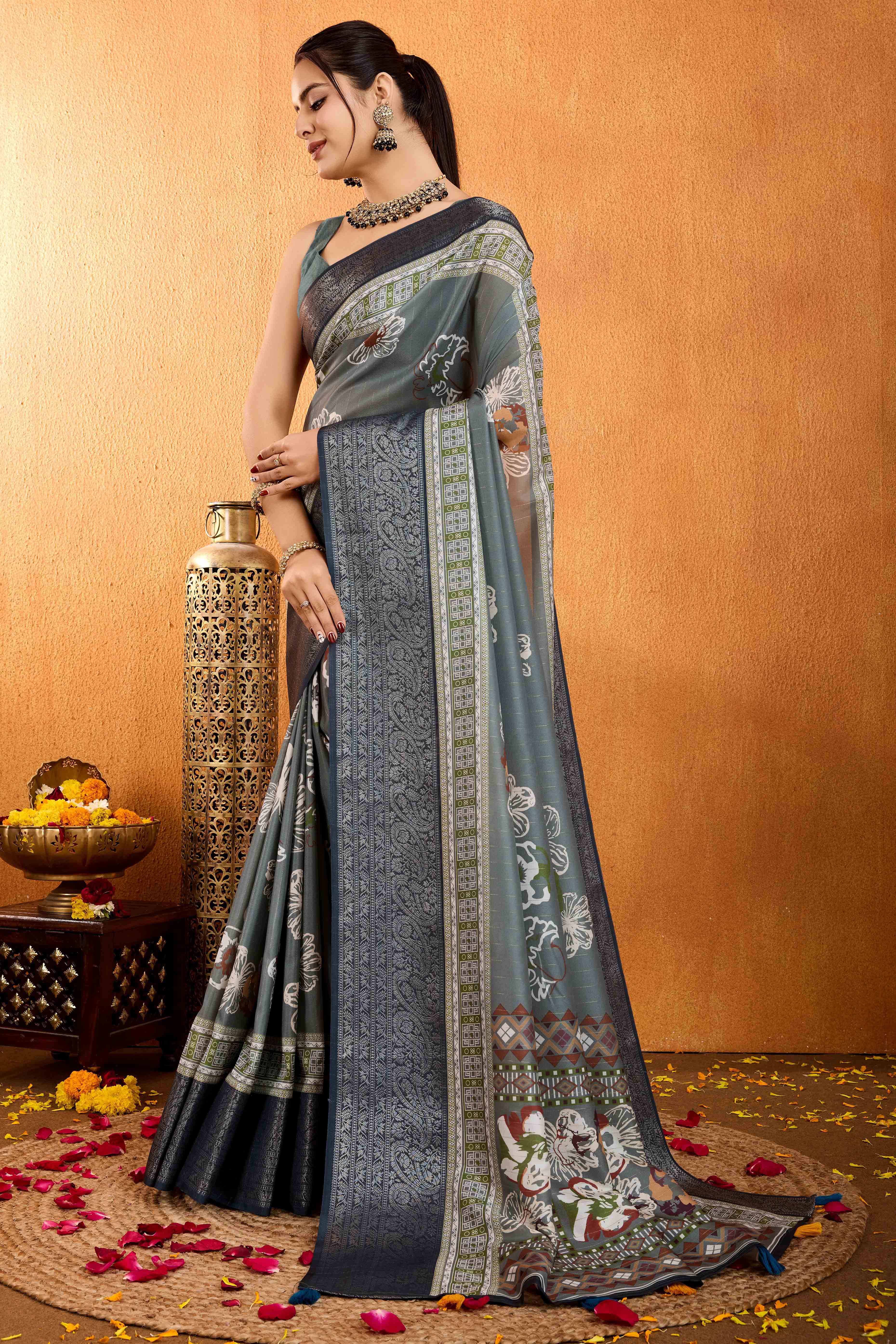 Grey Floral Printed Crepe Saree With Rich Zari Border