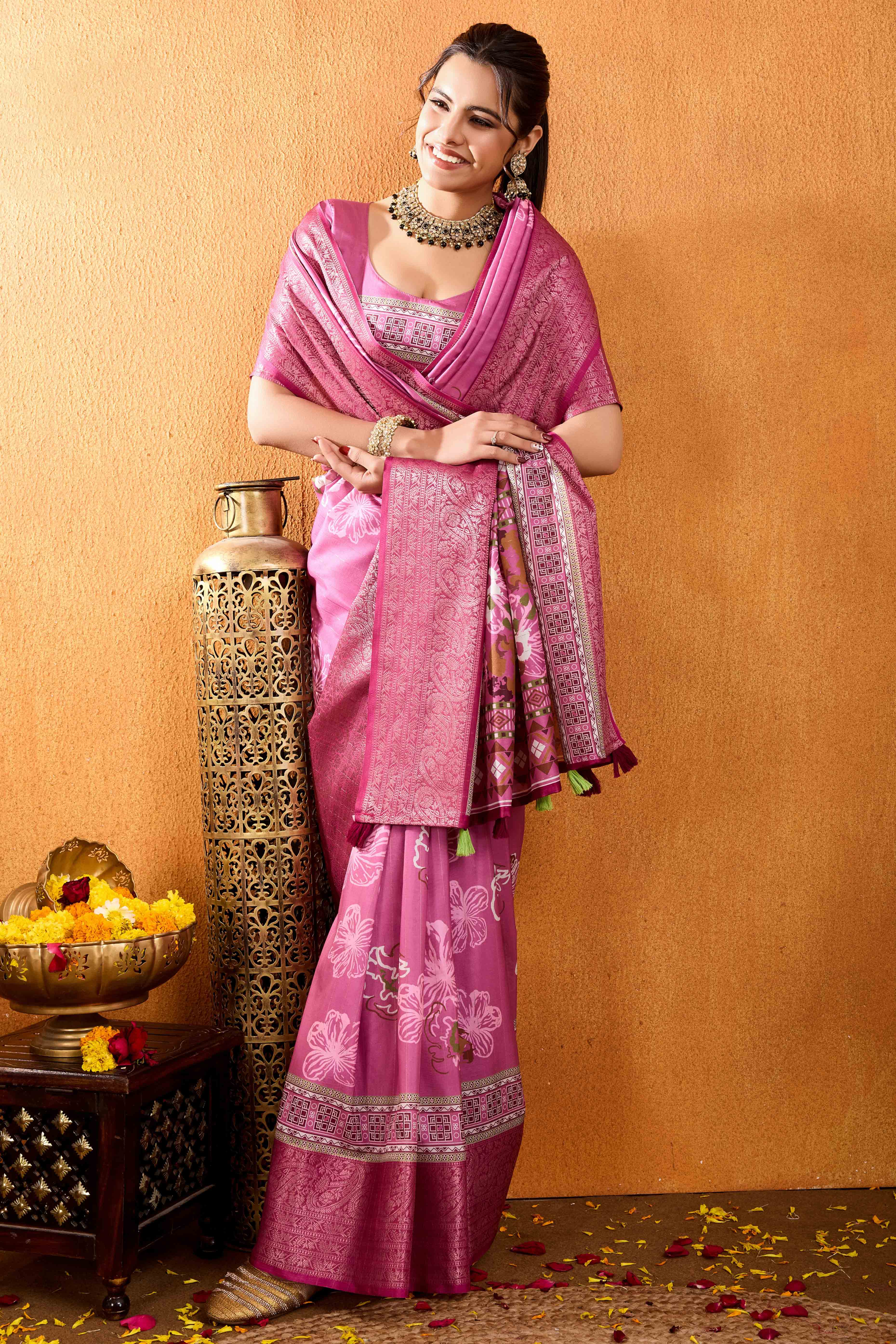 Pink Floral Printed Crepe Saree With Rich Zari Border