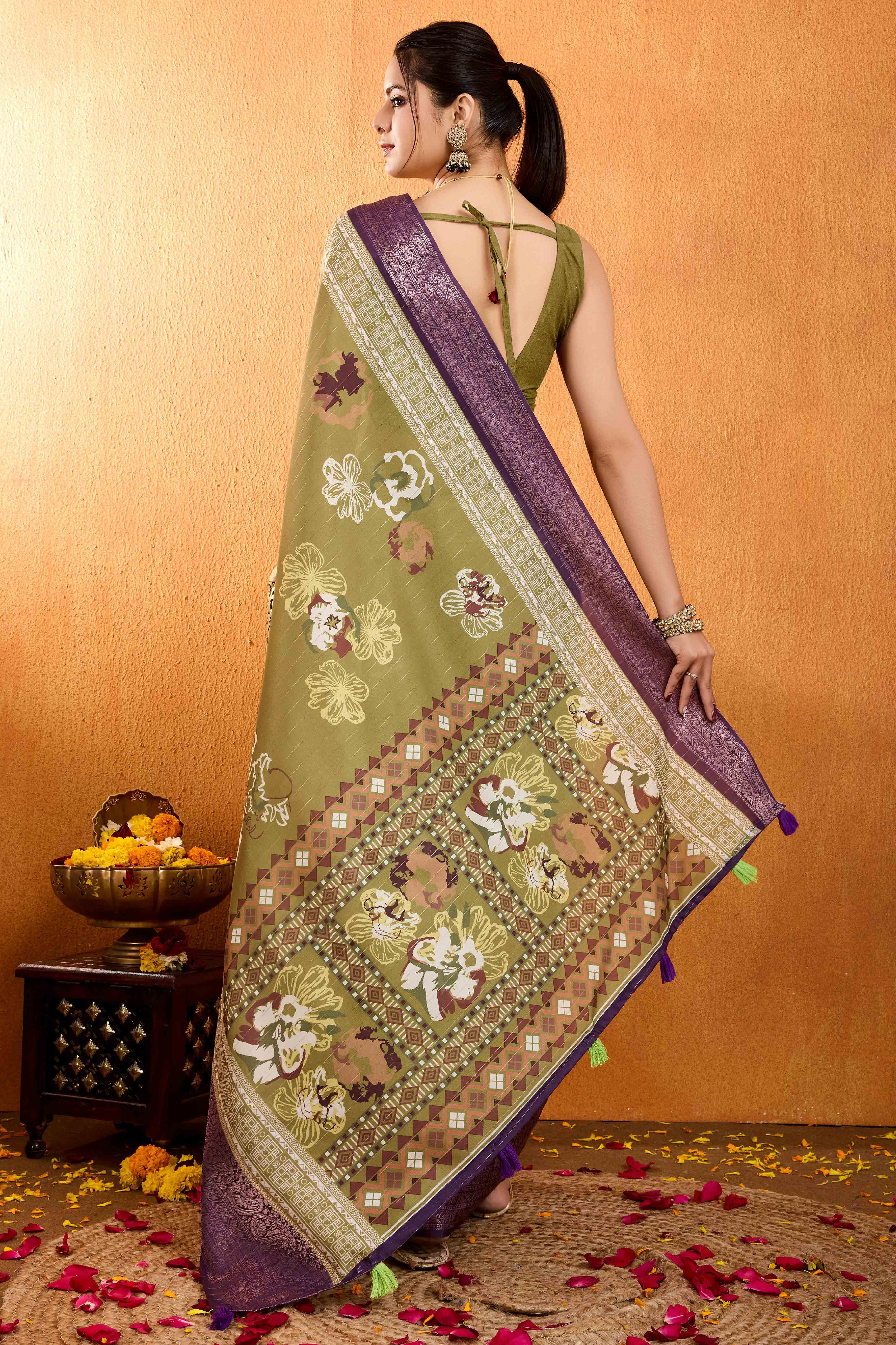 Green Floral Printed Crepe Saree With Rich Zari Border
