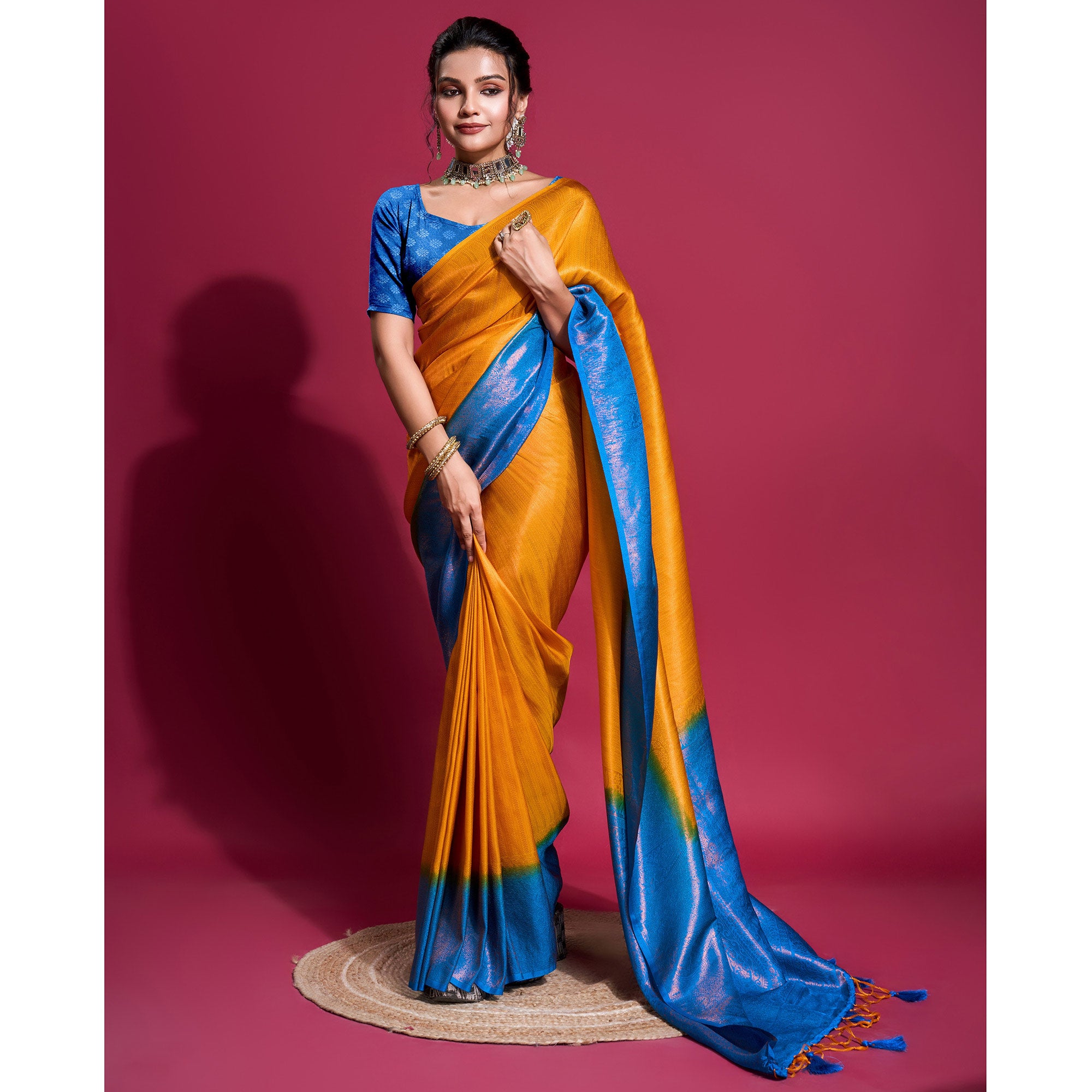 Yellow & Blue Woven Kanjivaram Silk Saree With Tassels