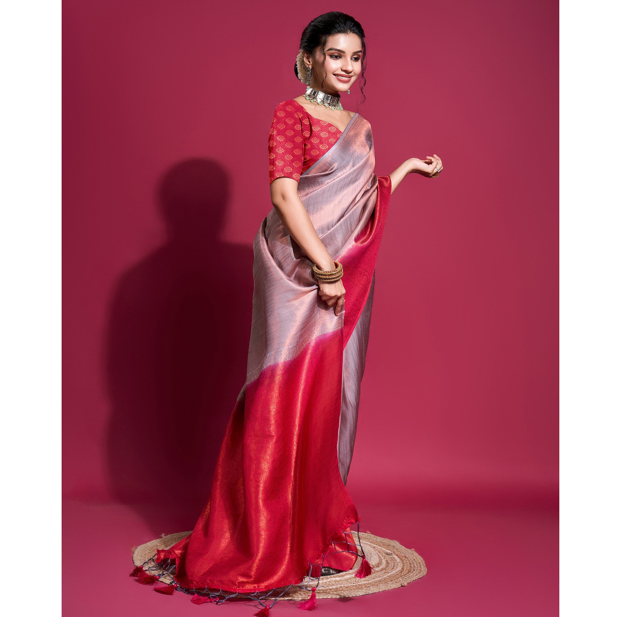 Purple & Pink Woven Kanjivaram Silk Saree With Tassels