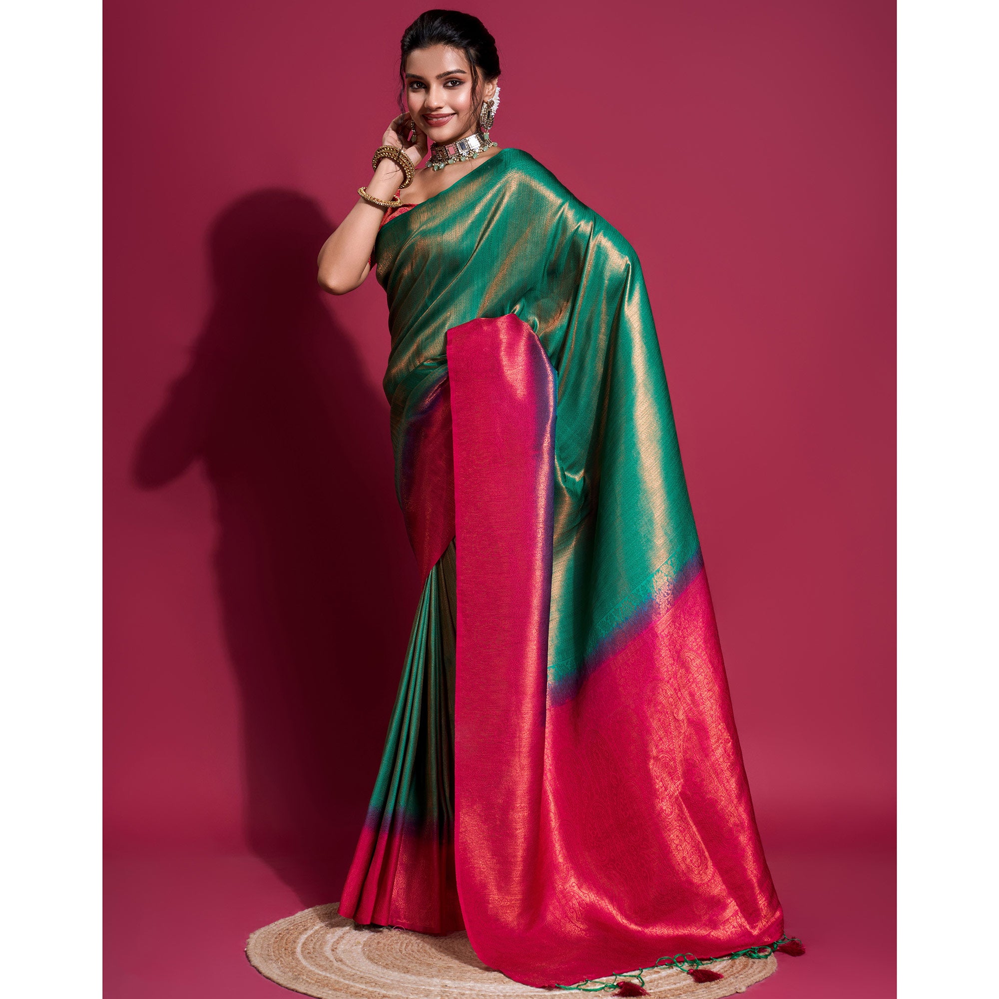 Green & Pink Woven Kanjivaram Silk Saree With Tassels