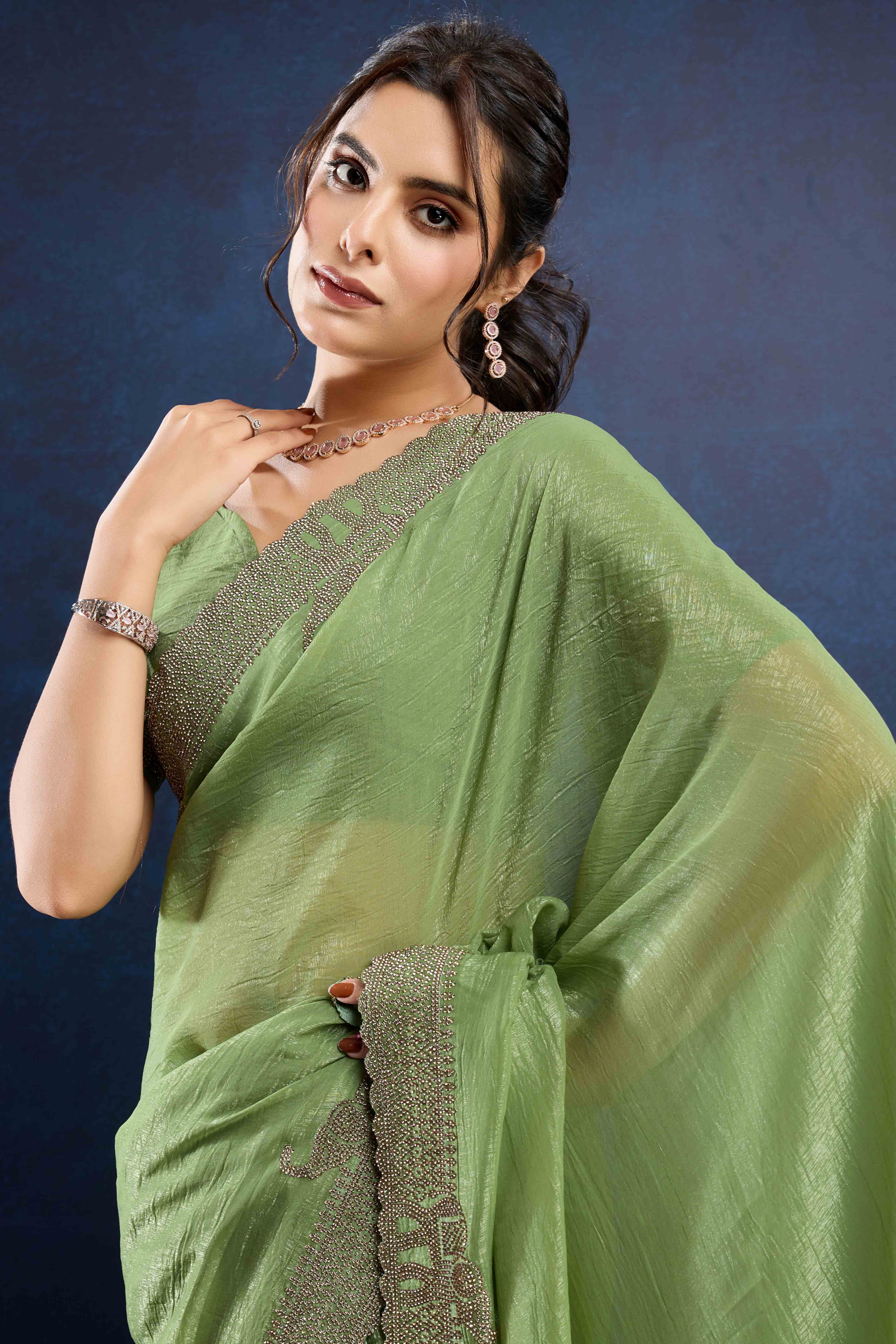 Green Zarkan Diamond Work Crunchy Silk Fancy Fabric Saree