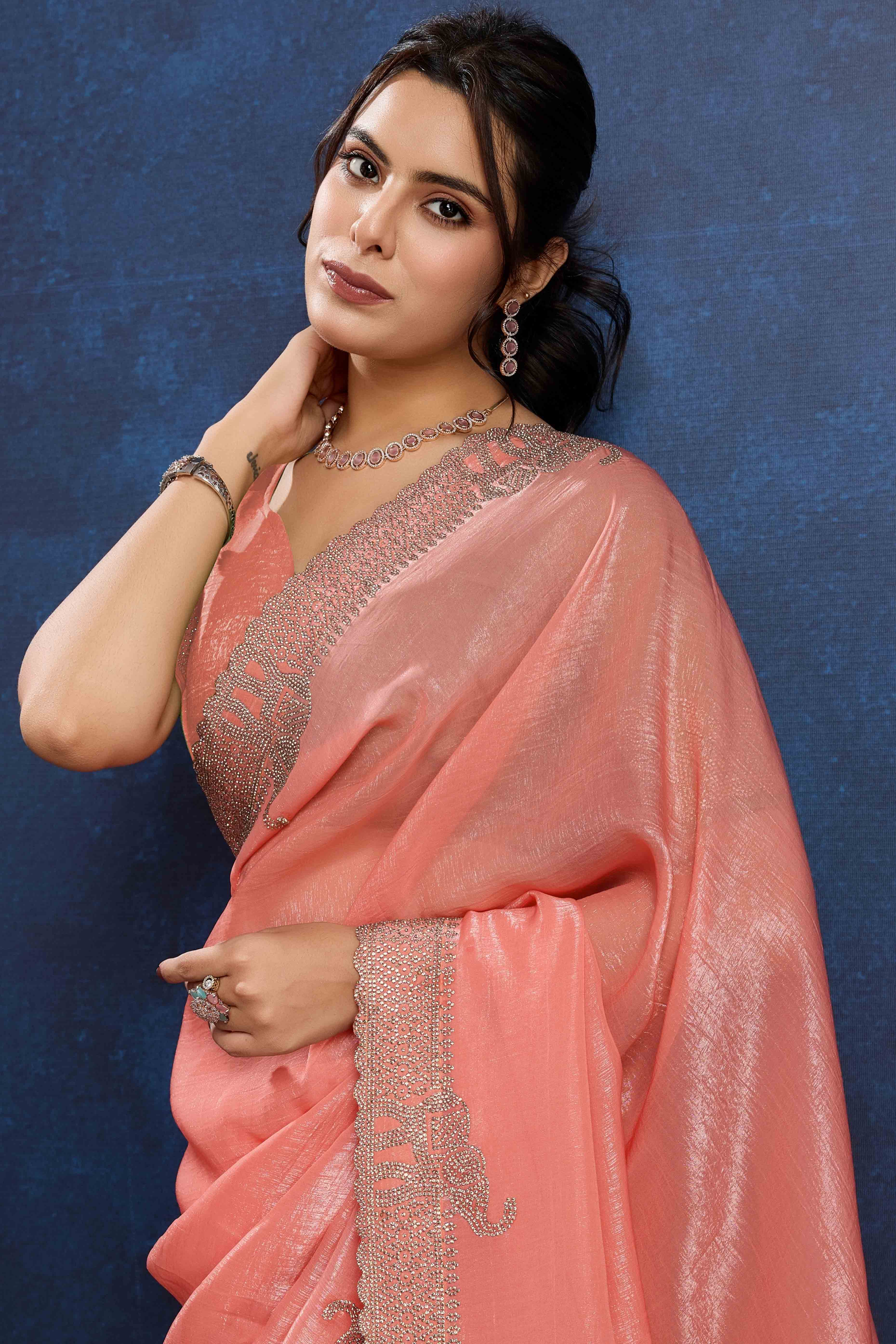Peach Zarkan Diamond Work Crunchy Silk Fancy Fabric Saree