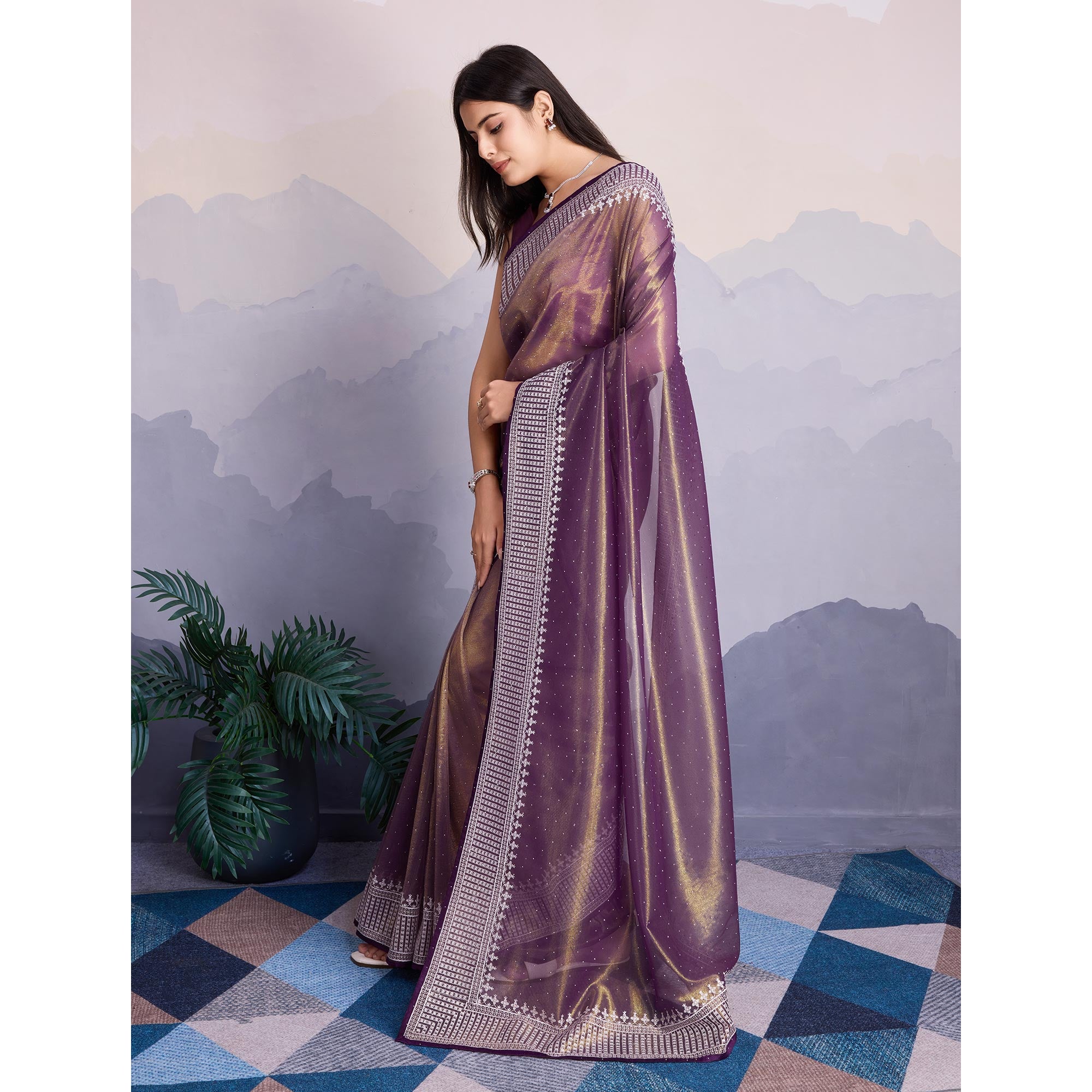 Purple Swarovski Work Embroidered Net Saree