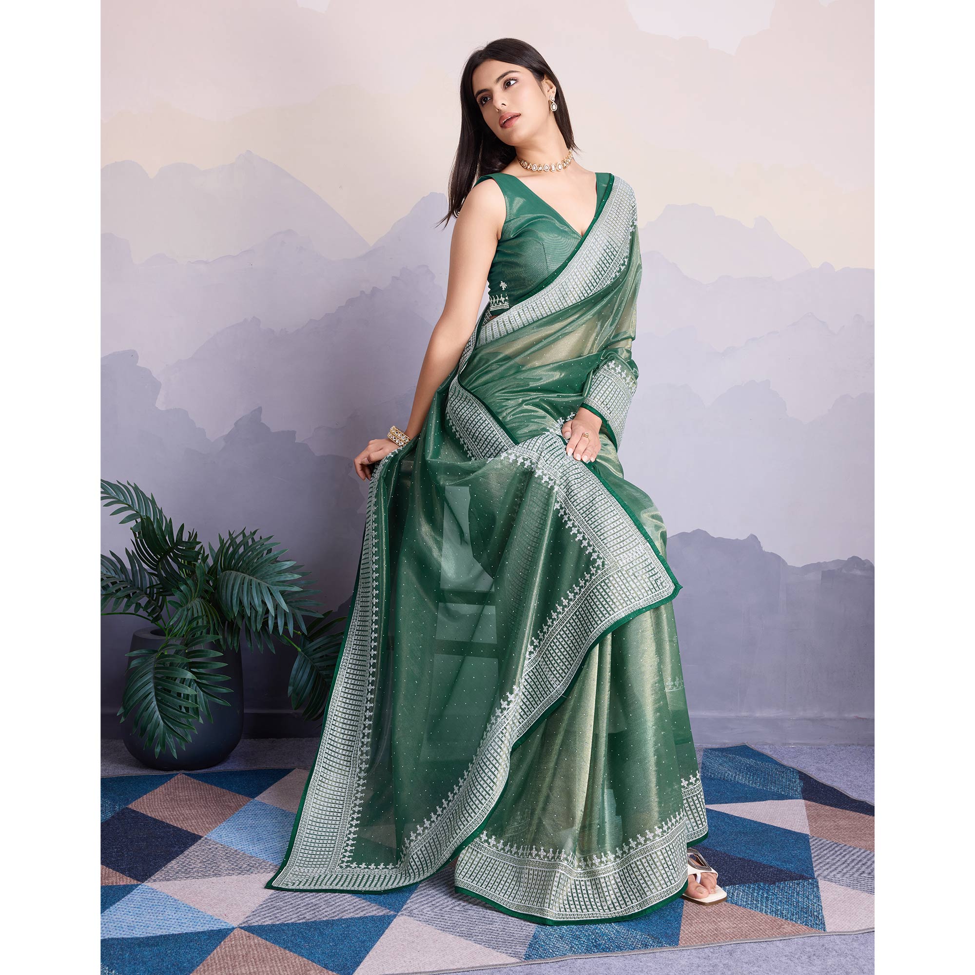 Green Swarovski Work Embroidered Net Saree