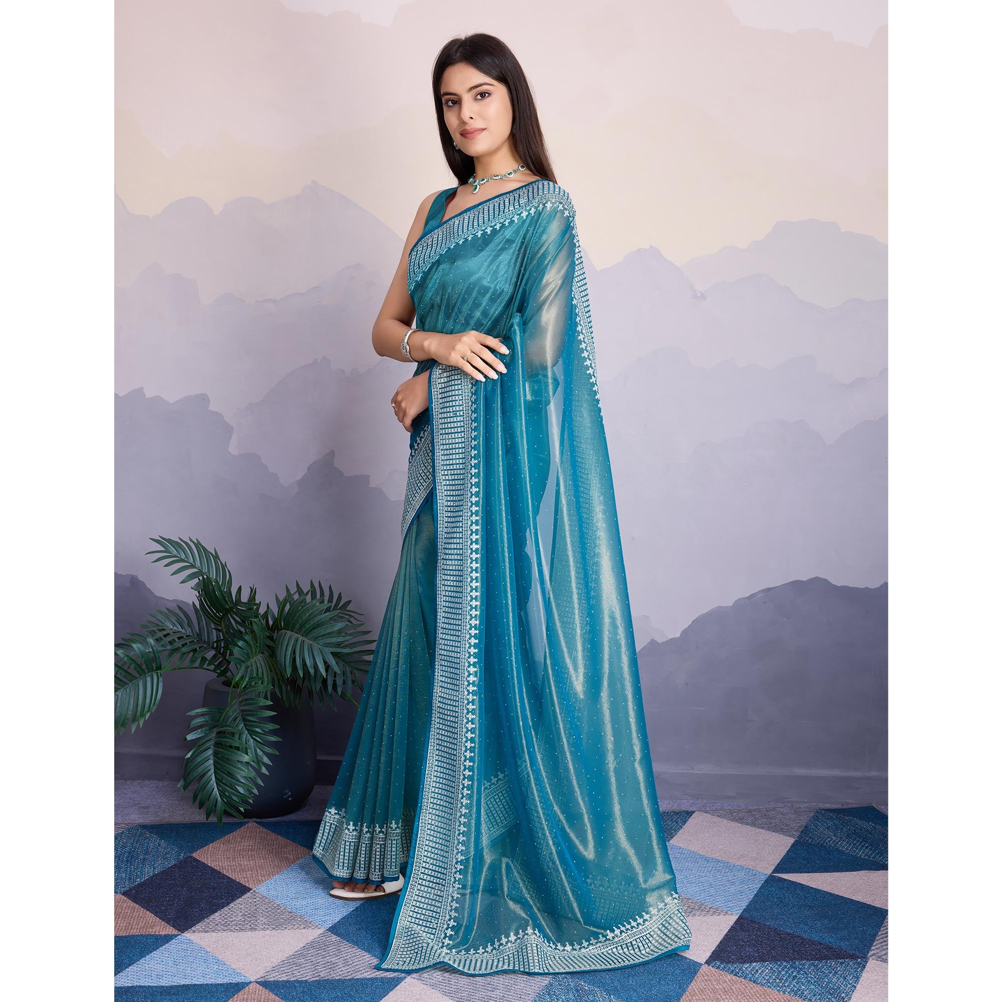 Blue Swarovski Work Embroidered Net Saree