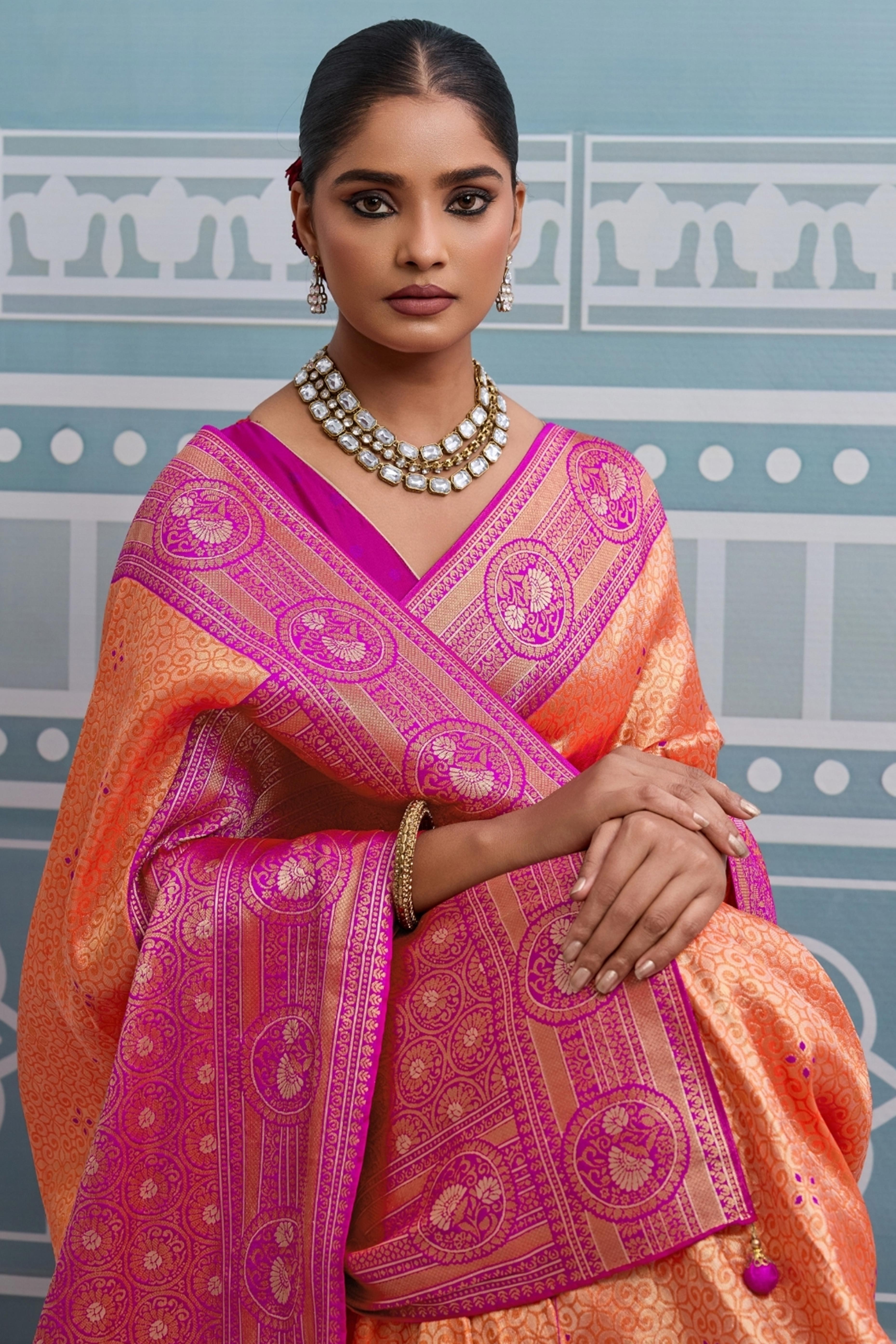 Orange Zari Woven Soft Kanjivaram Silk Saree for Traditional and Special Occasions