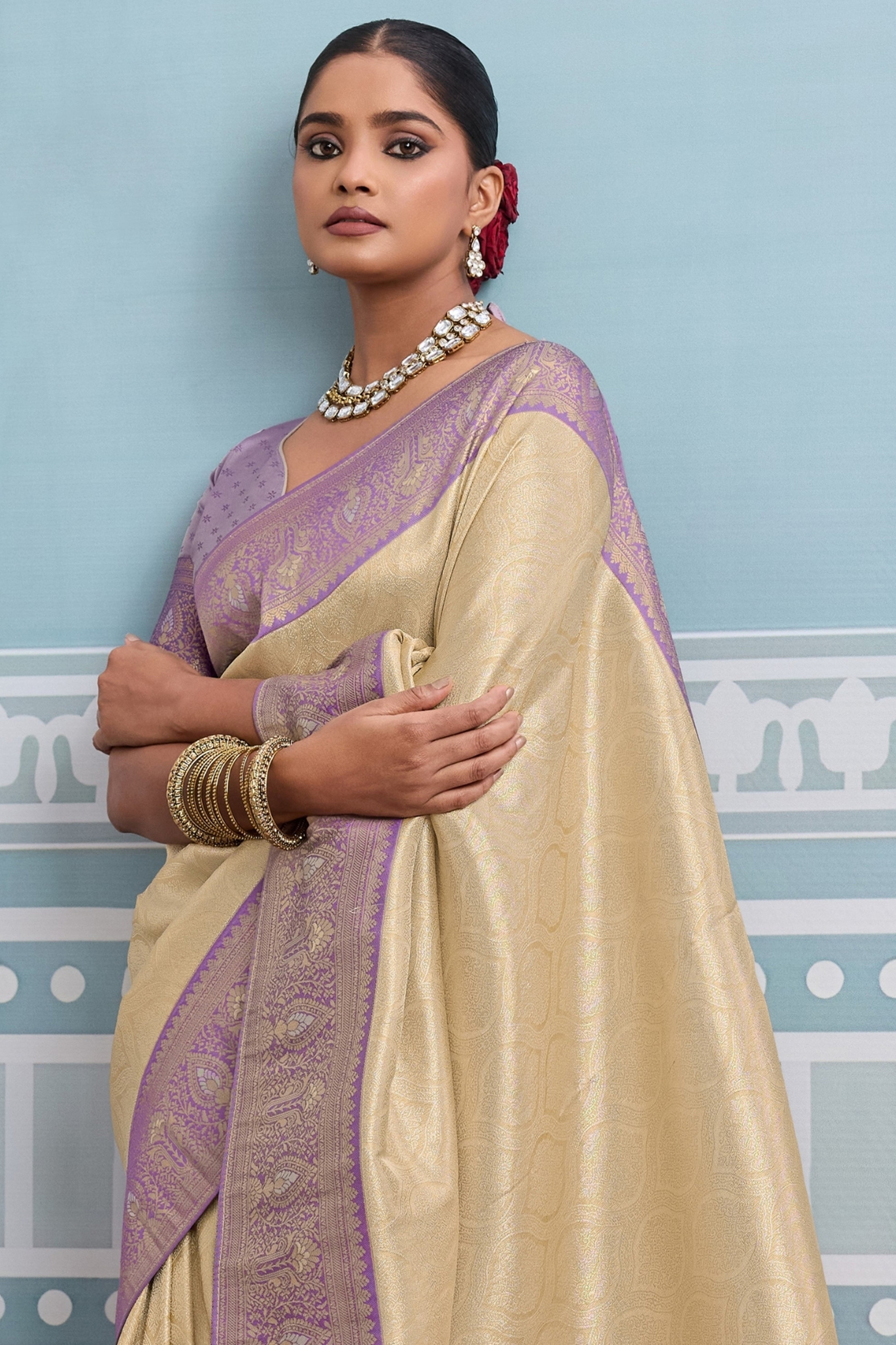 Beige Soft Kanjivaram Silk Saree with Classic Zari Weaving for Elegant Styling