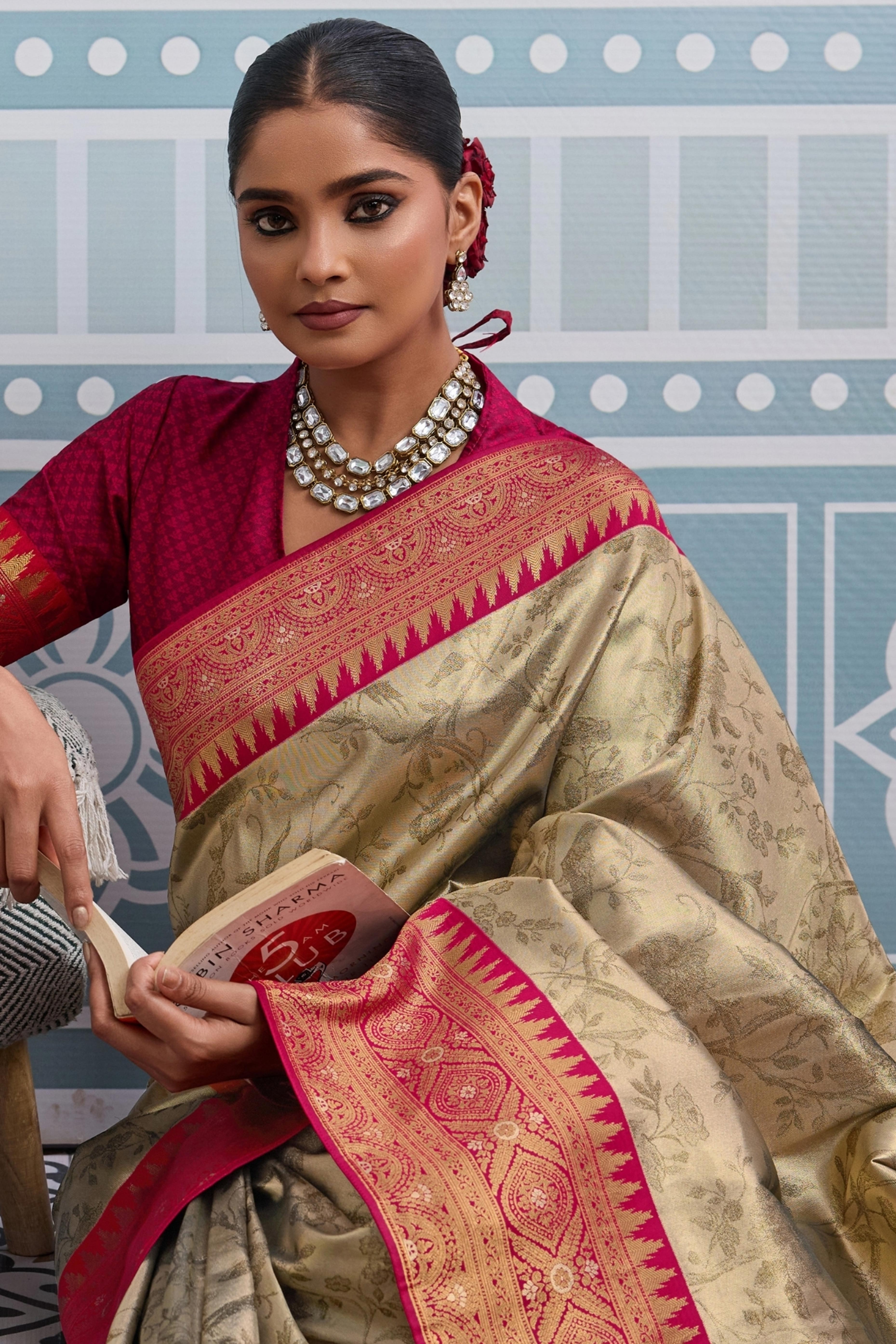 Beige Zari Woven Soft Kanjivaram Silk Saree for Traditional and Special Occasions