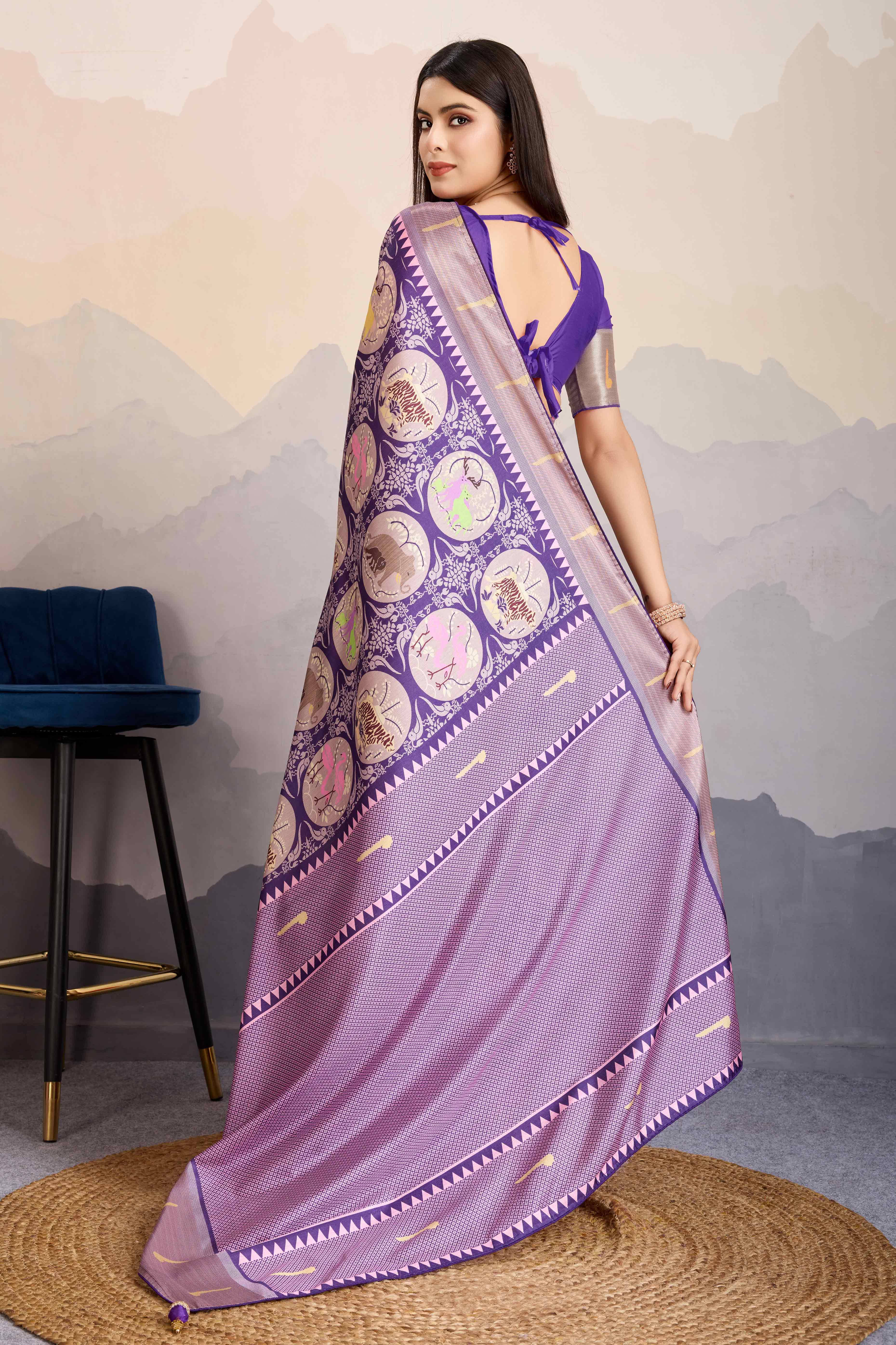 Purple Digital Printed Dola Silk Saree With Exquisite Weaving Zari Border & Opulent Pallu