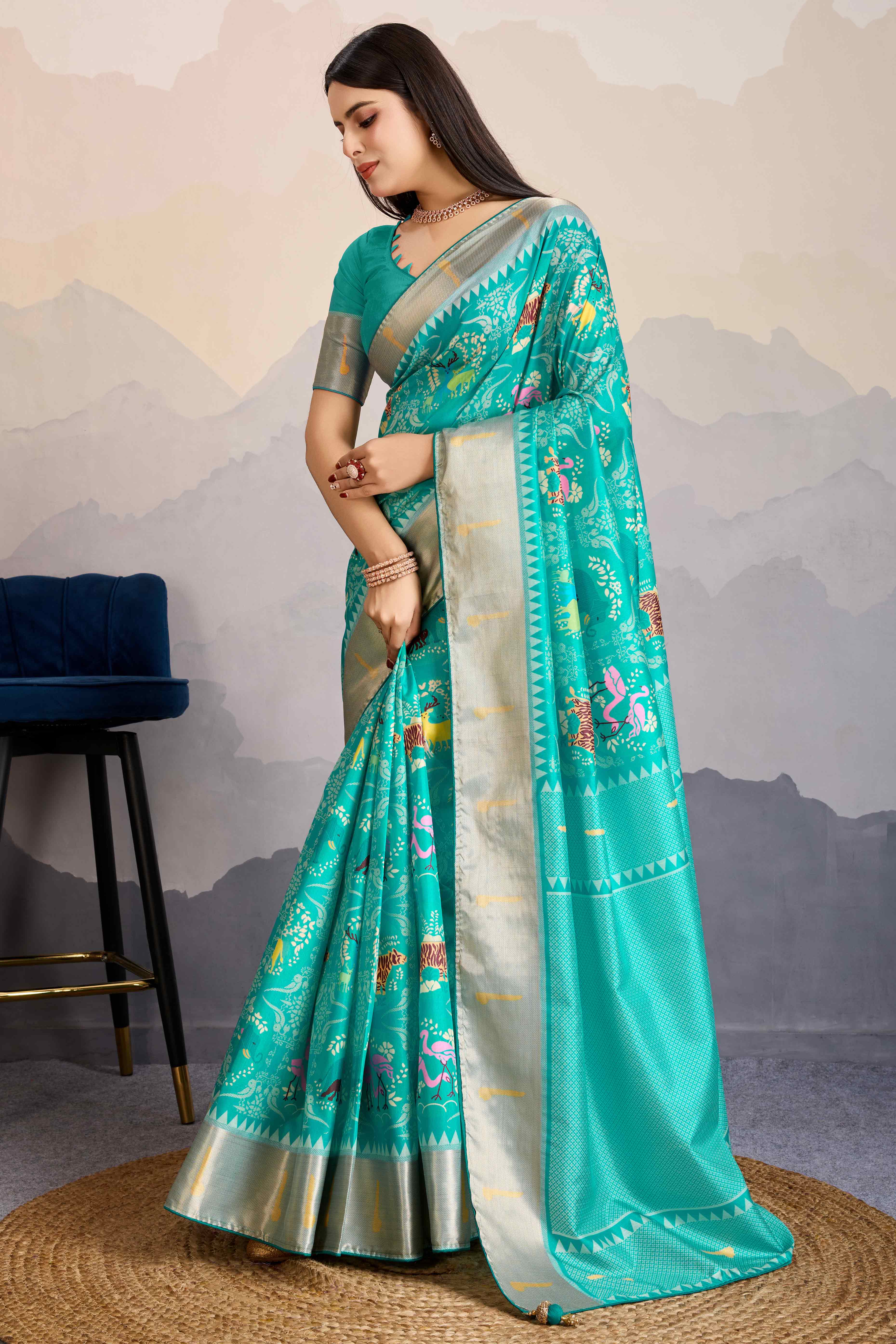 Turquoise Digital Printed Dola Silk Saree With Exquisite Weaving Zari Border & Opulent Pallu