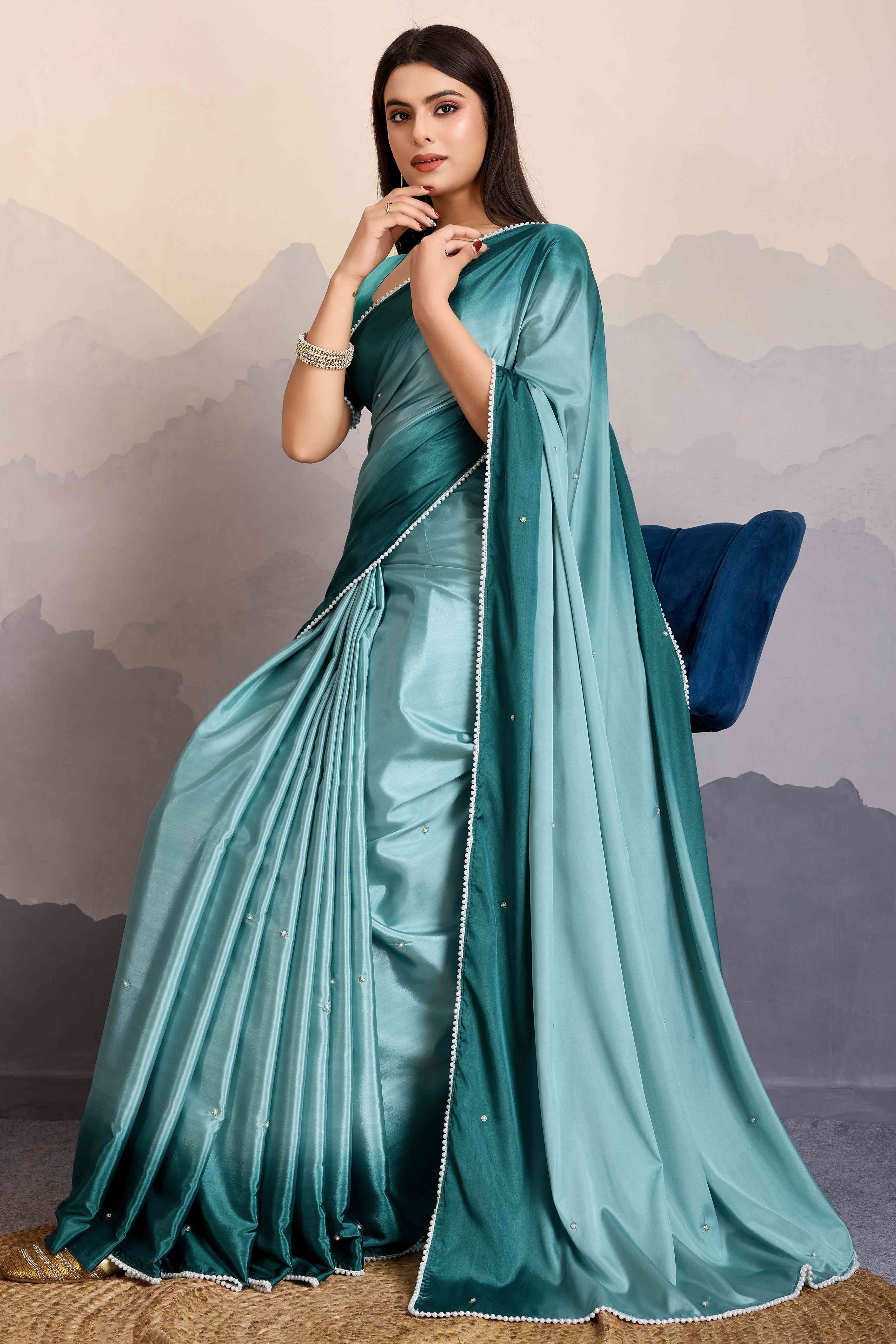 Sea Green Ombre Satin Saree with Delicate Bead Embellishments