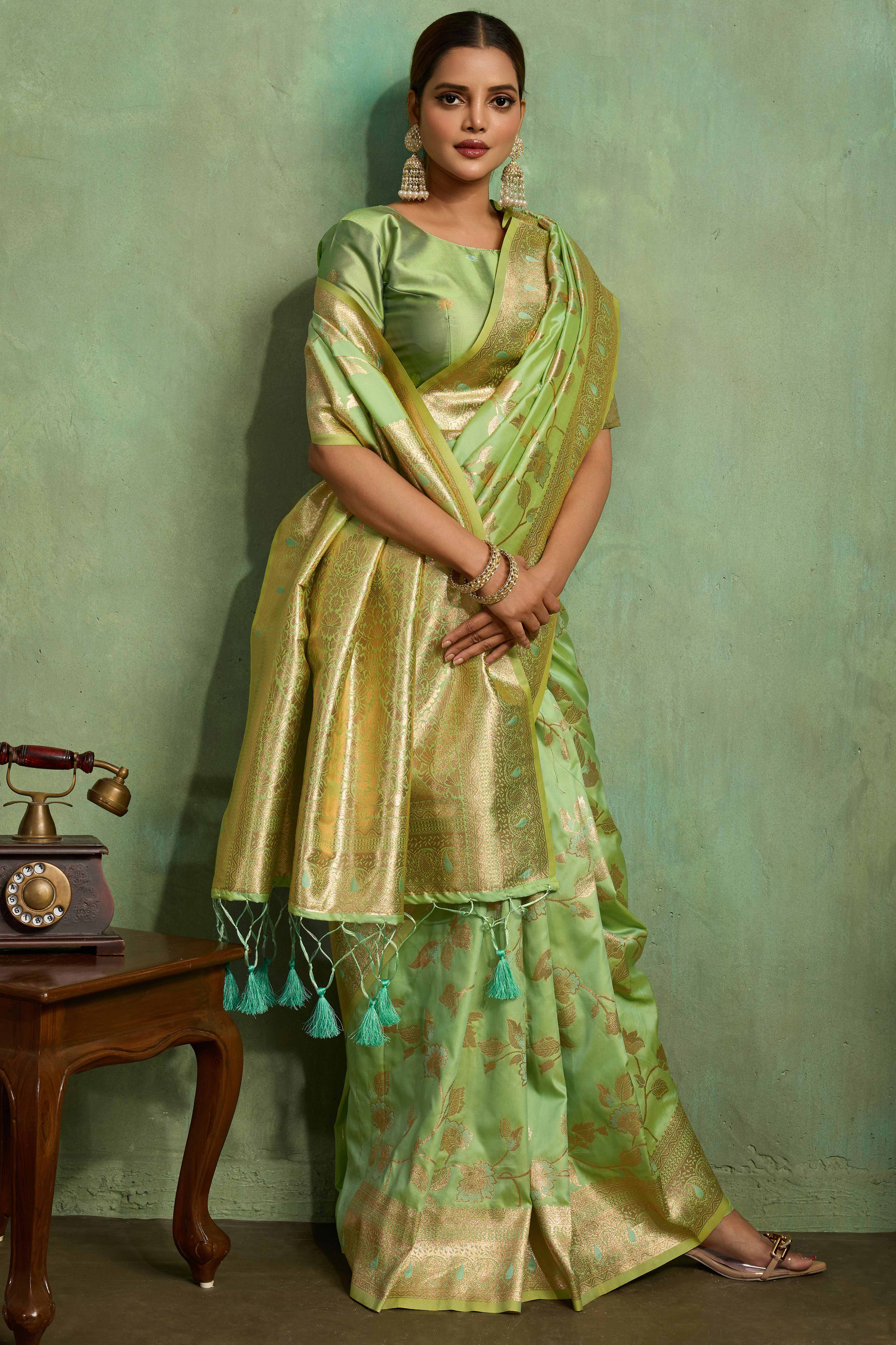Pista Green Dual Tone Banarasi Silk Saree Accented with Meenakari Weaves