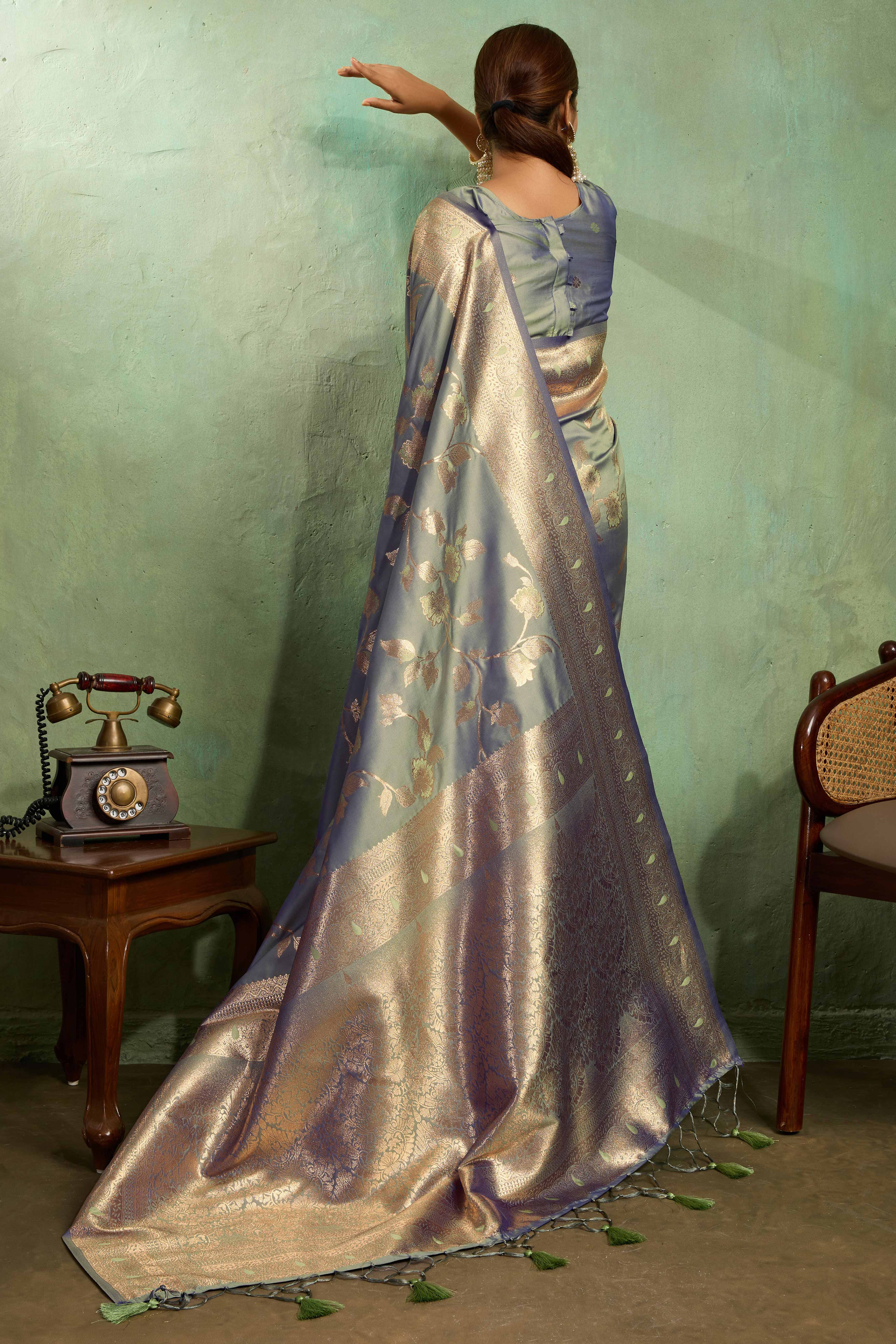 Blue Dual Tone Banarasi Silk Saree Accented with Meenakari Weaves