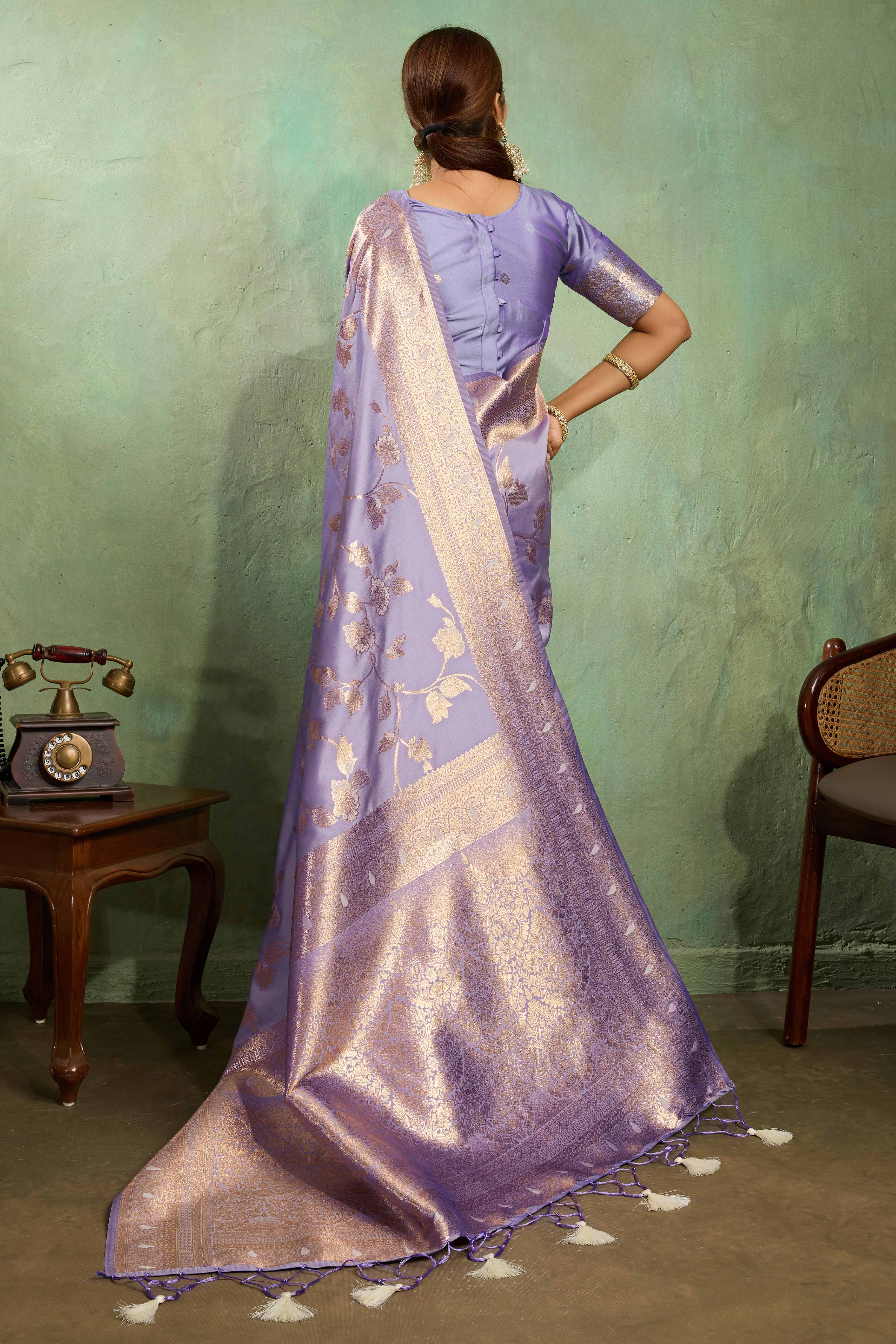 Lavender Dual Tone Banarasi Silk Saree Accented with Meenakari Weaves