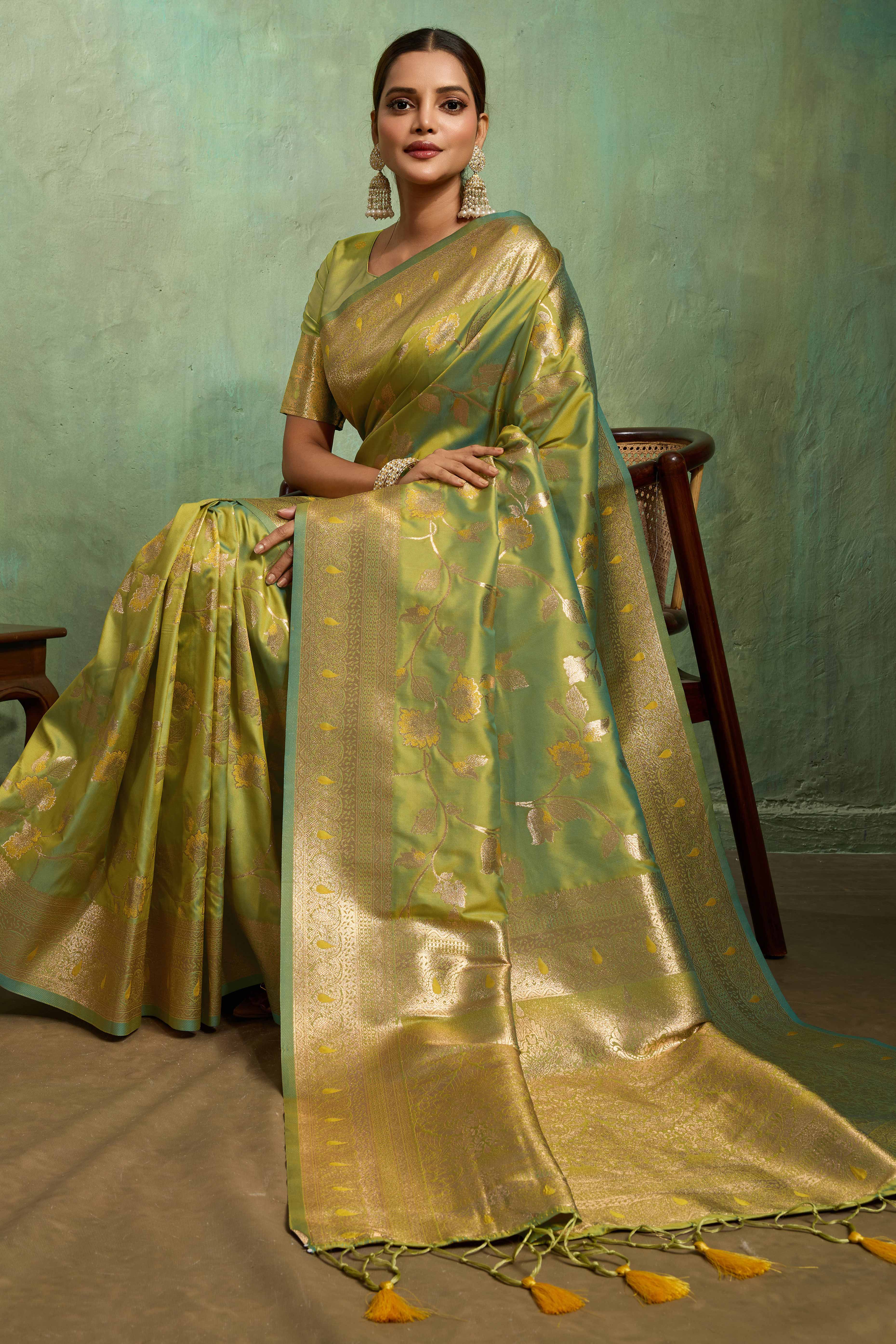 Green Dual Tone Banarasi Silk Saree Accented with Meenakari Weaves