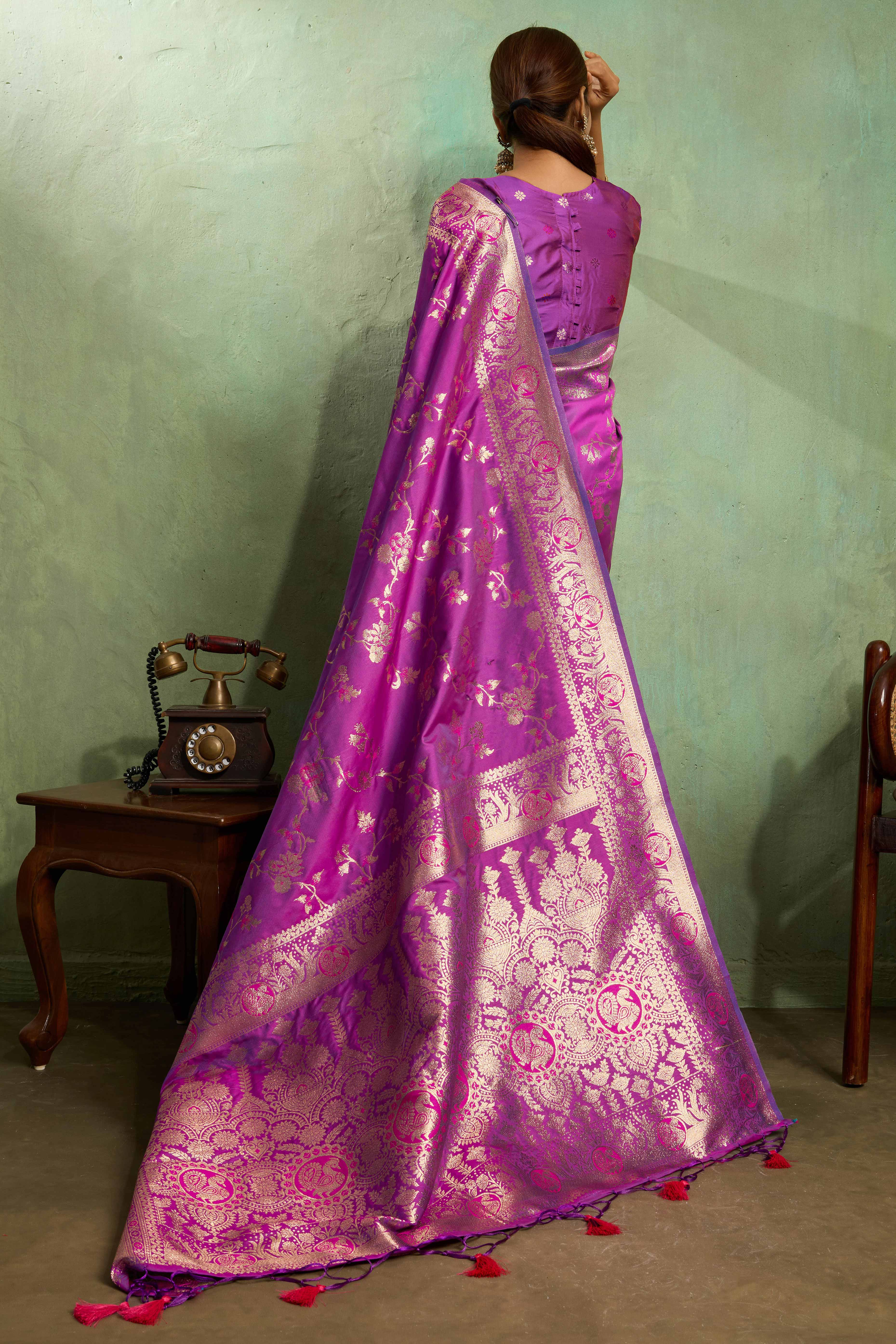 Purple Dual Tone Banarasi Silk Saree Accented with Meenakari Weaves