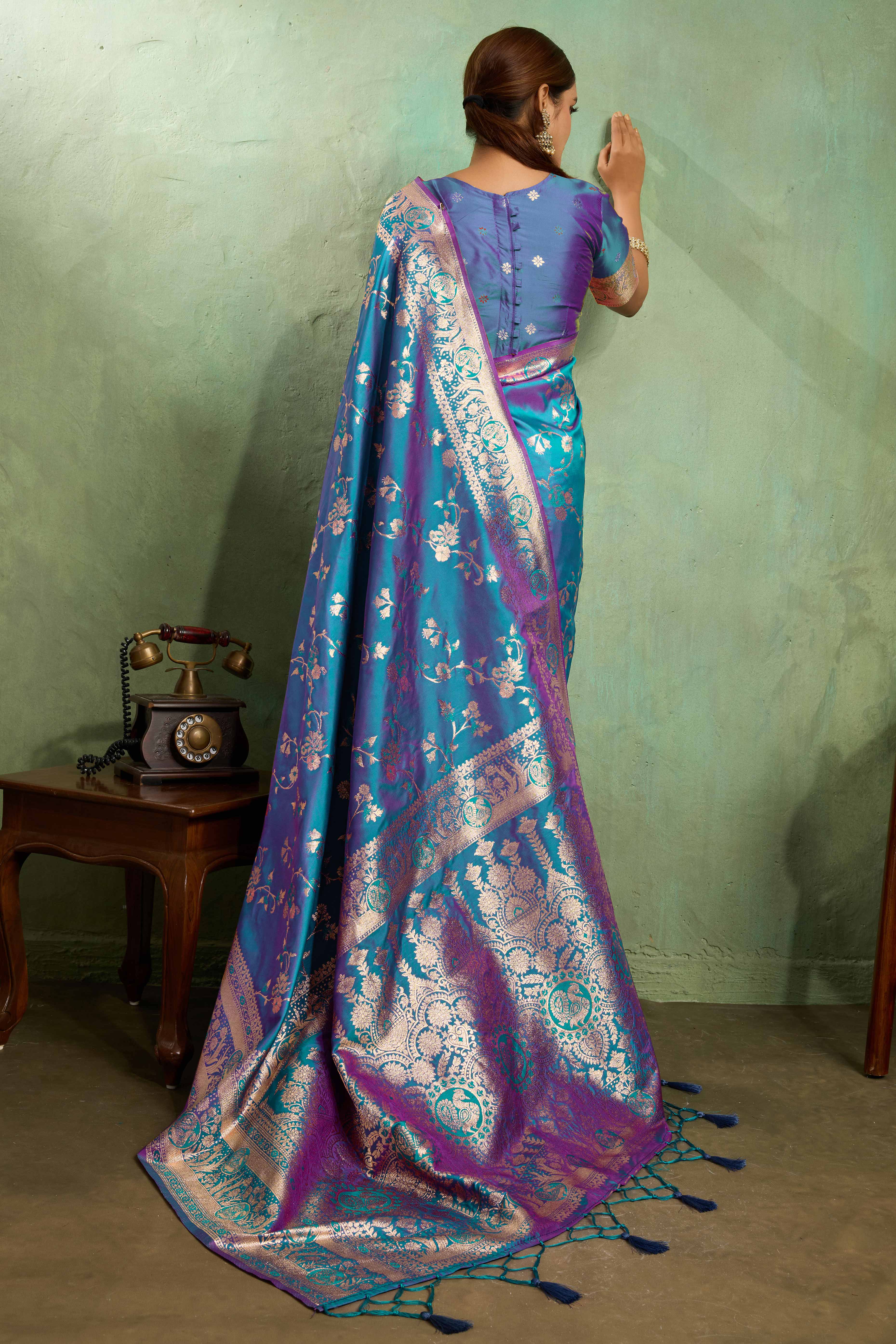 Teal Dual Tone Banarasi Silk Saree Accented with Meenakari Weaves