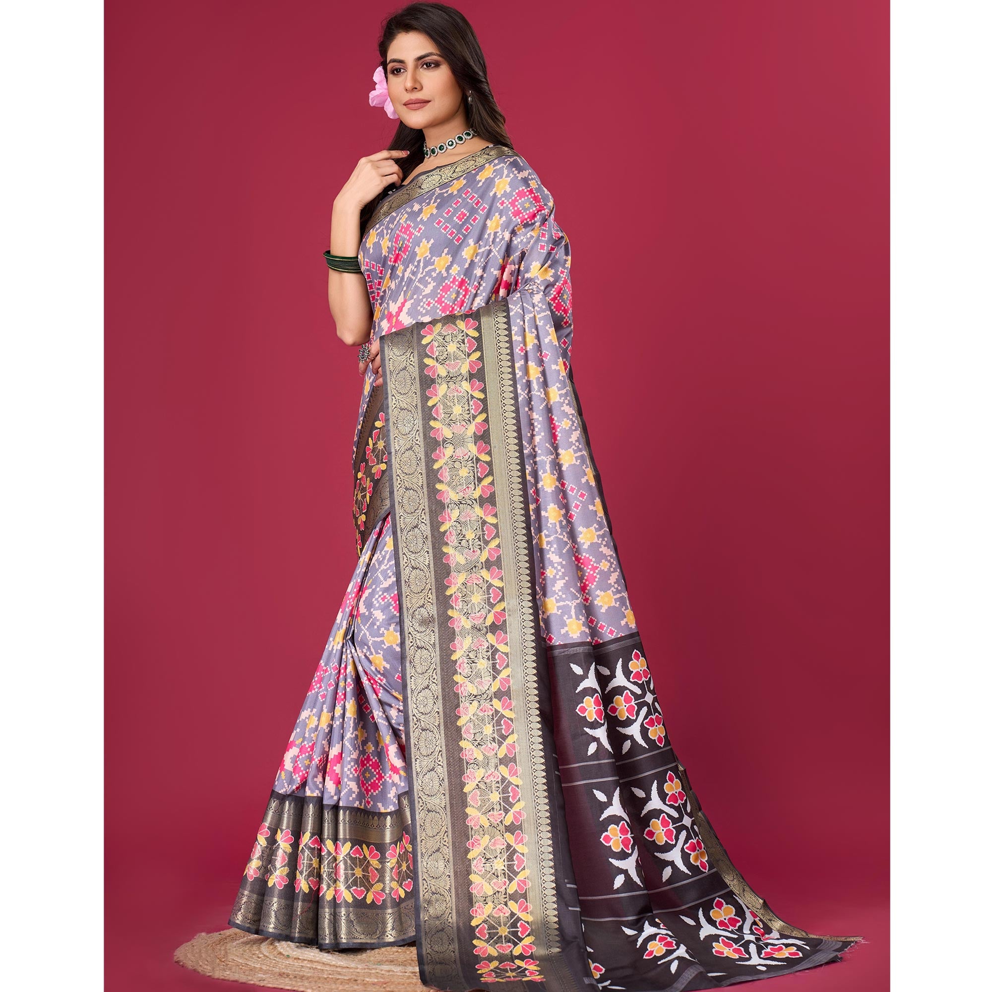 Grey & Black Digital Patola Printed With Woven Border Dola Silk Saree