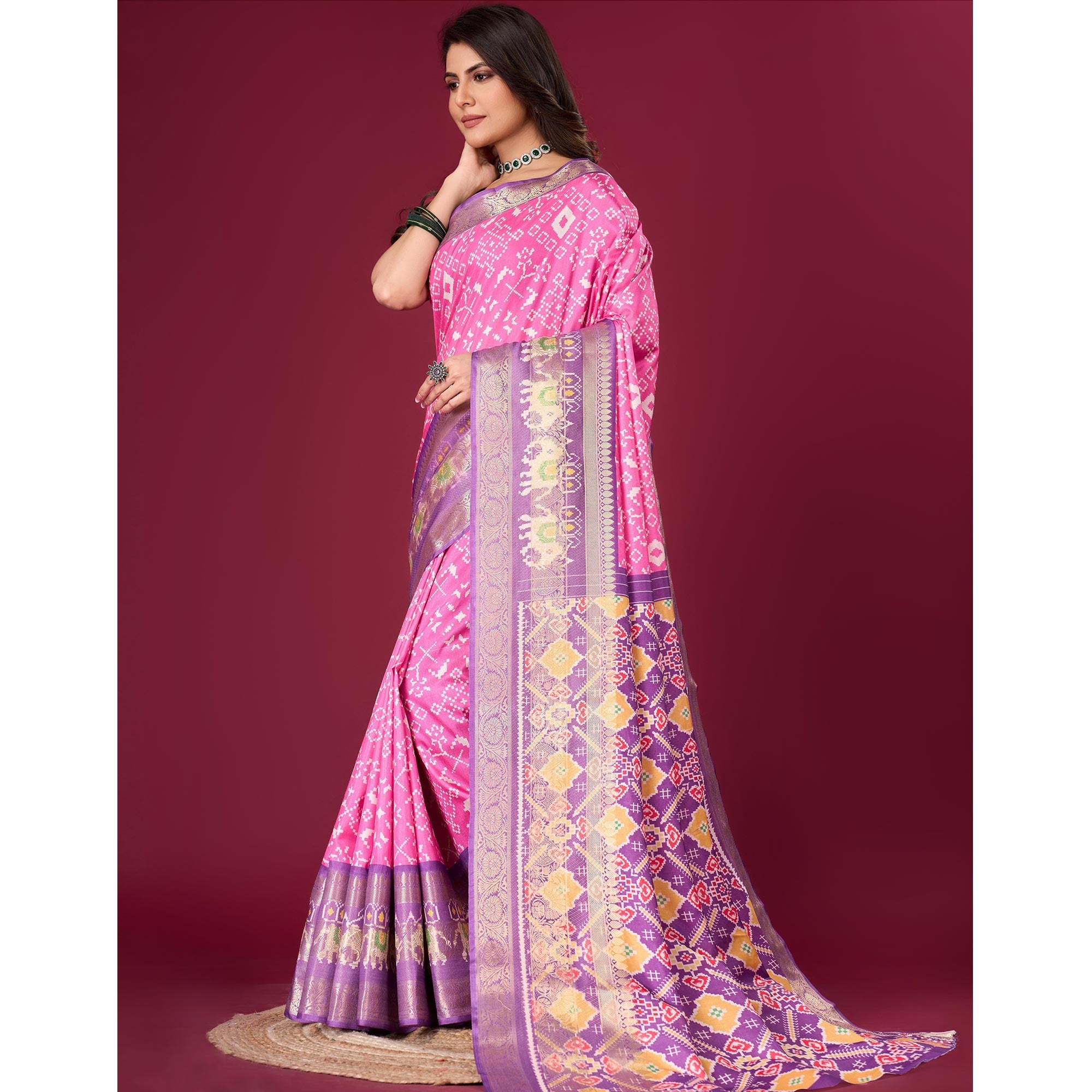 Pink & Purple Digital Patola Printed With Woven Border Dola Silk Saree