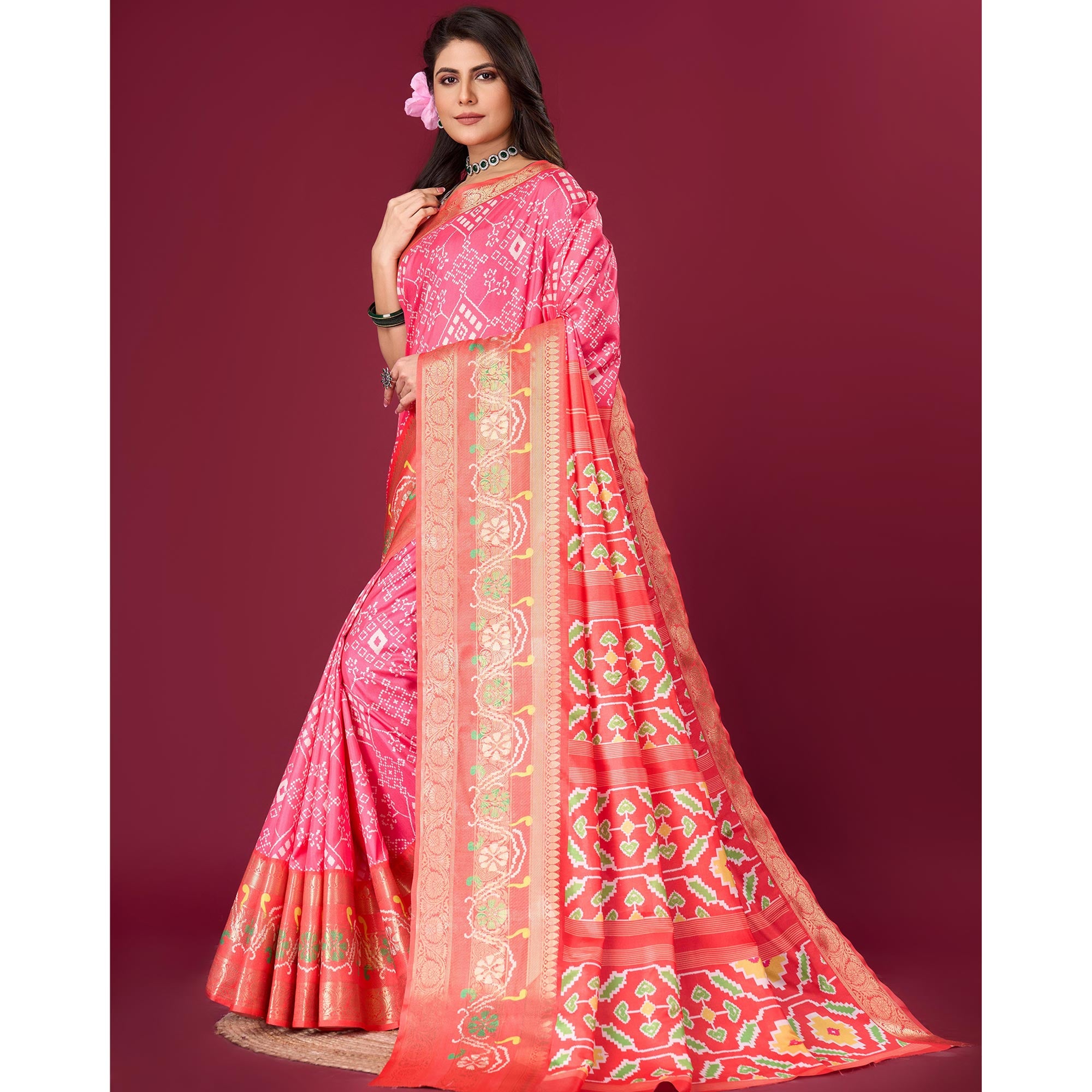 Pink & Red Digital Patola Printed With Woven Border Dola Silk Saree