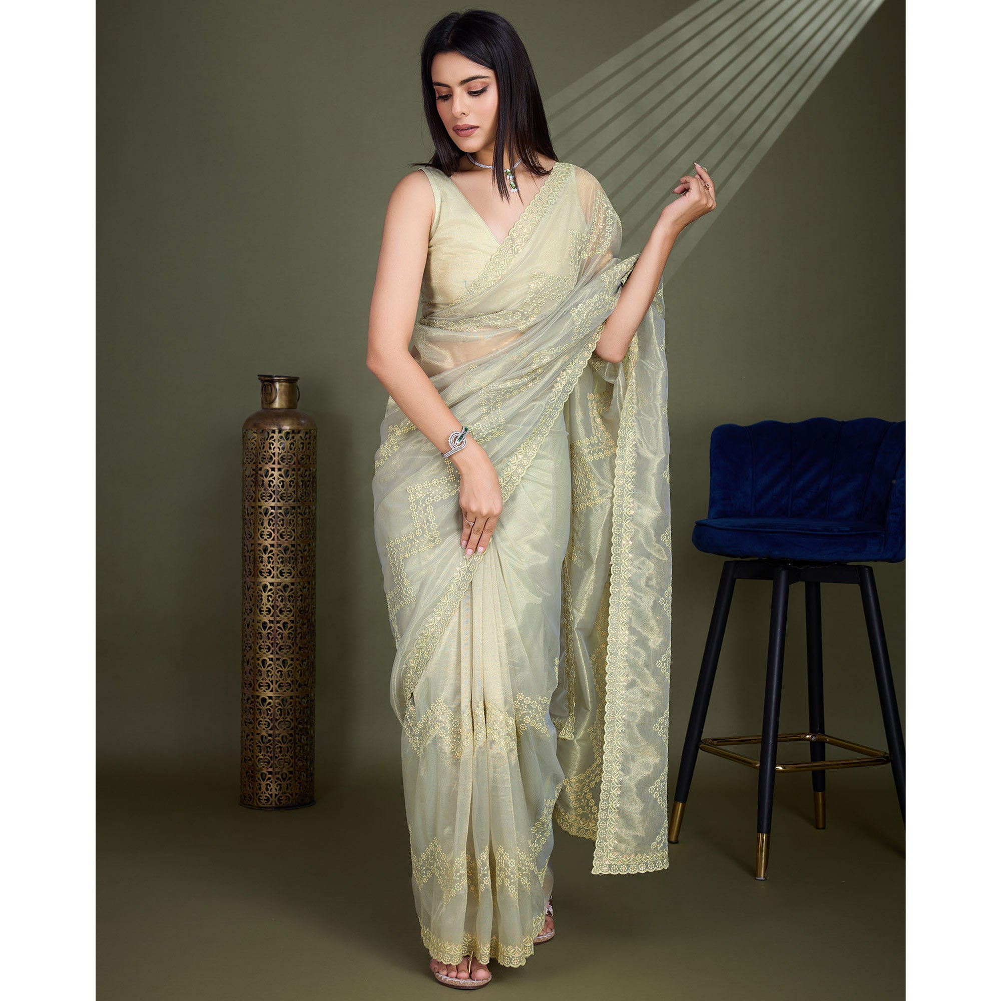 Light Olive Green Sequins Embroidered Shimmer Net Saree