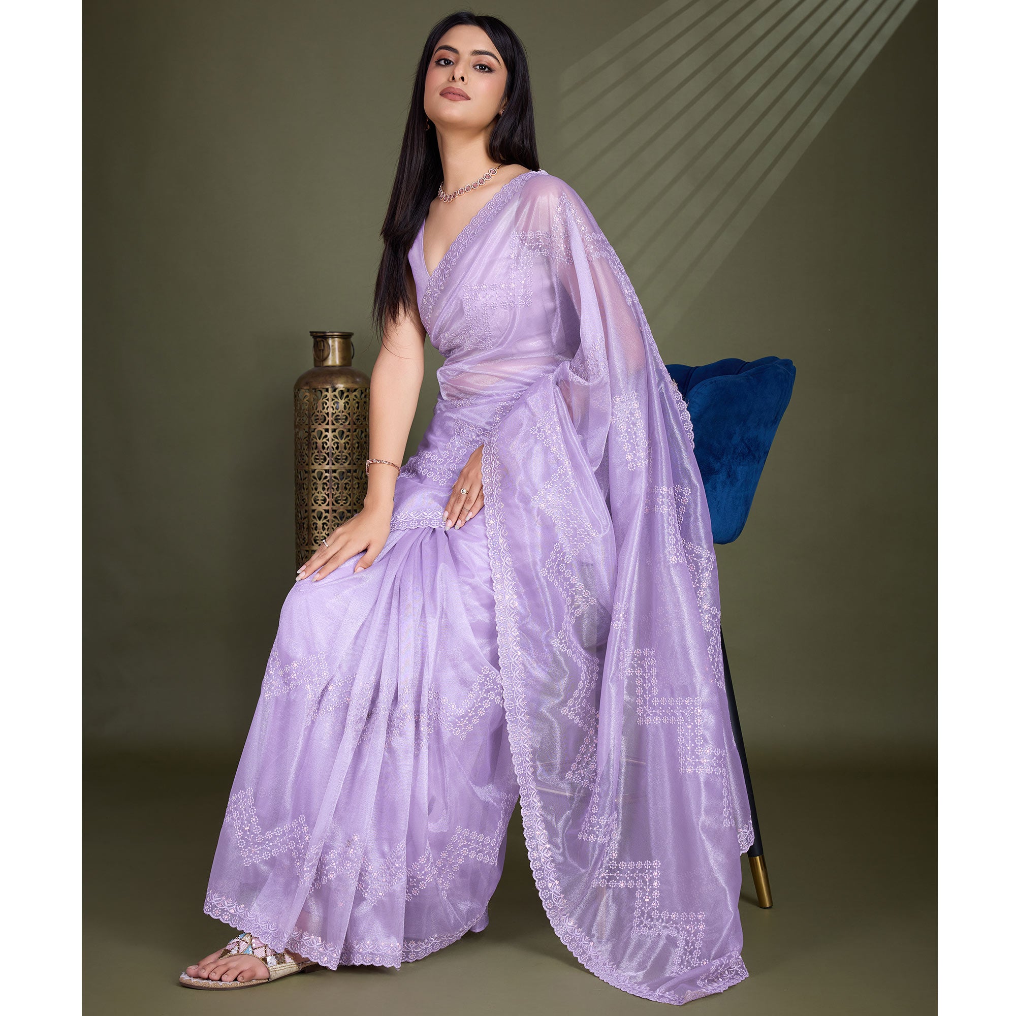 Lavender Sequins Embroidered Shimmer Net Saree