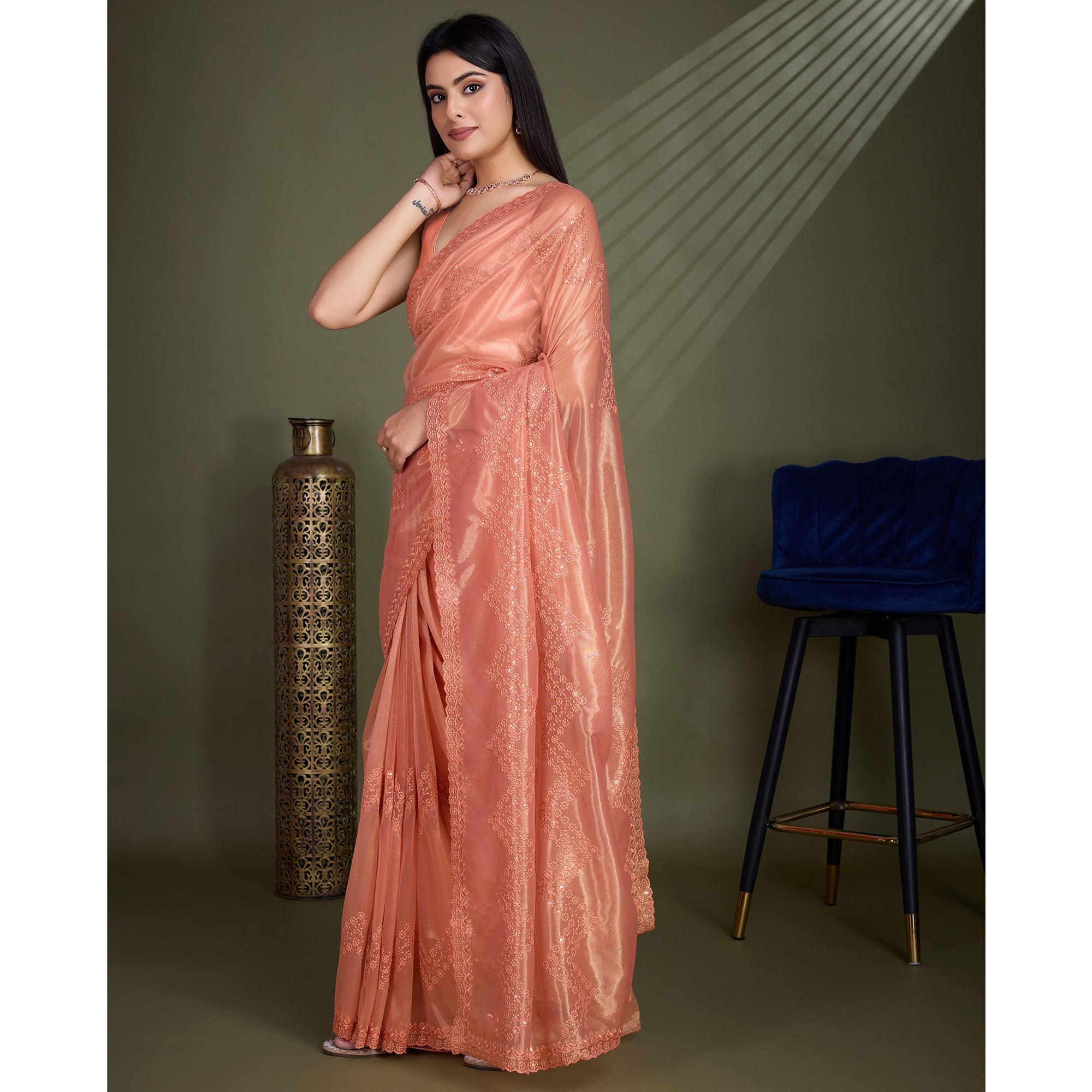 Peach Sequins Embroidered Shimmer Net Saree