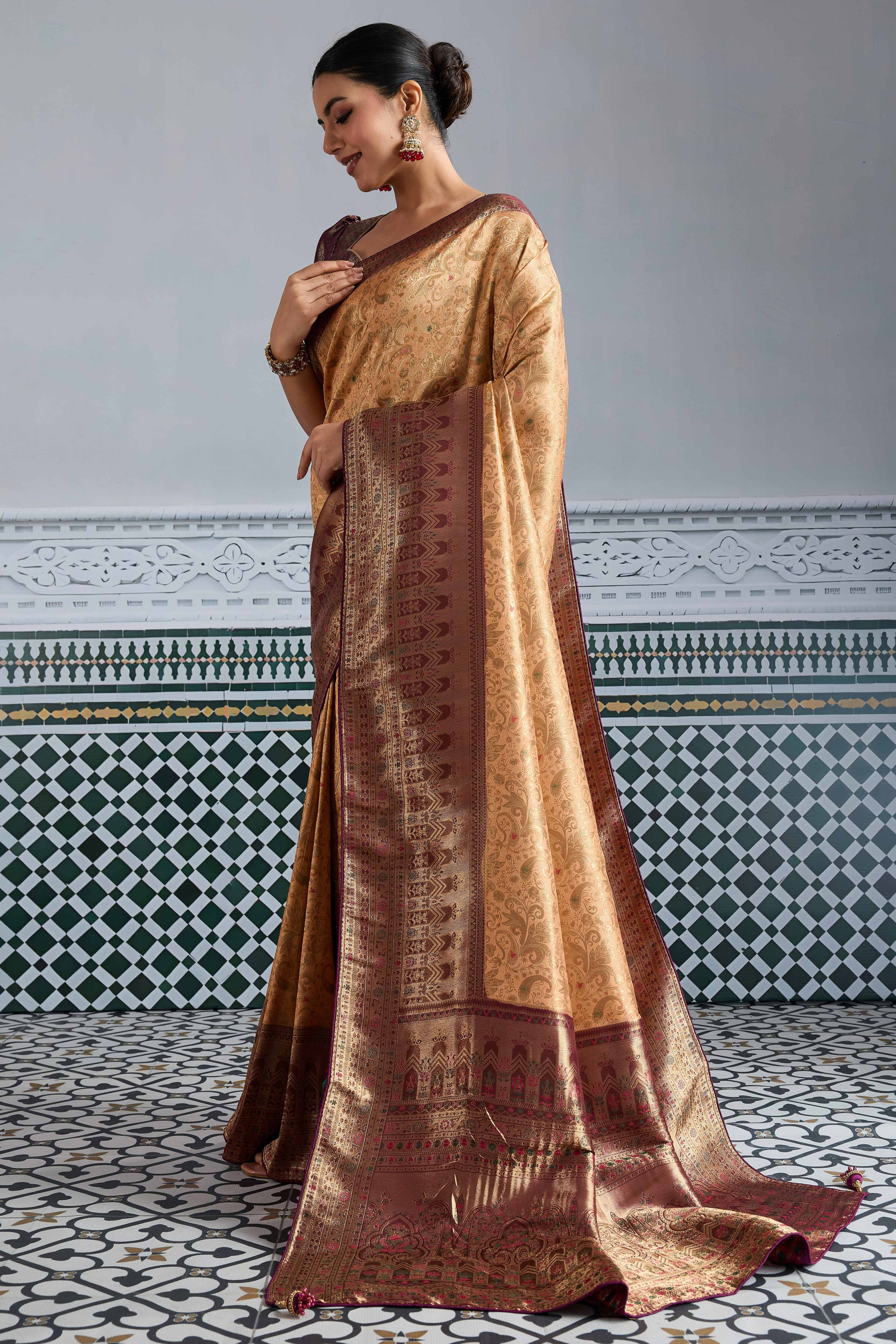 Peach Floral Meenakari Weaving Kanjivaram Silk Saree With Rich Piping & Tassel Pallu